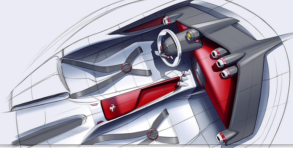 Ferrari，automobile，industrial design，Hand drawing，Render，