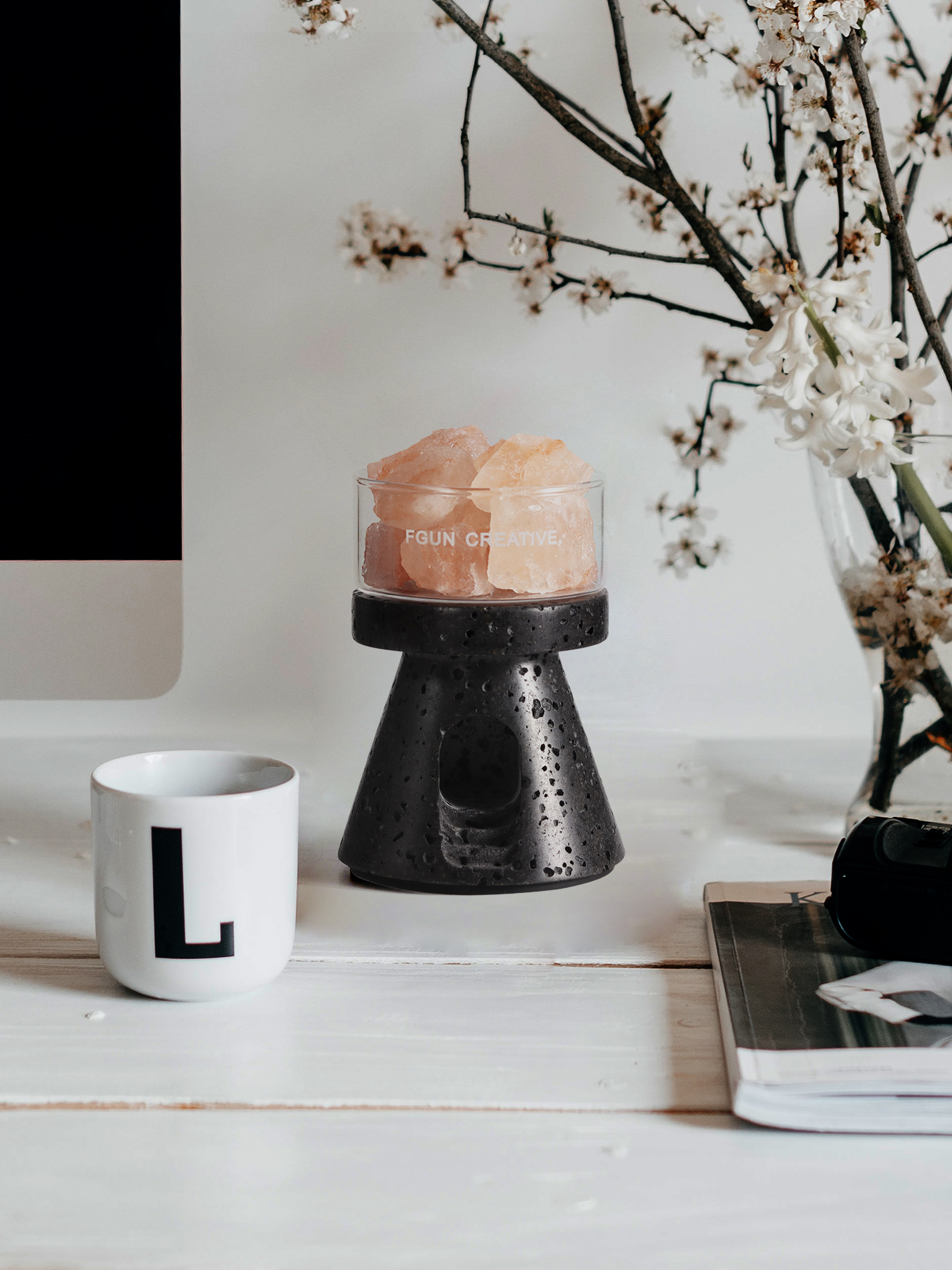 Fragrant nightlight，Marble design，Natural black cave stone，Aromatherapy，