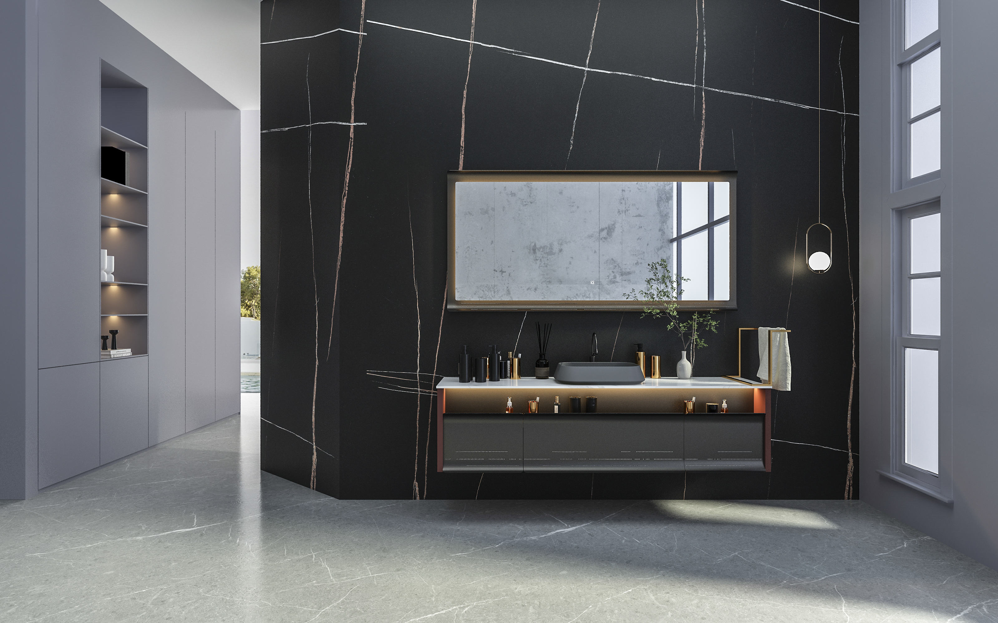 Light luxury，Stainless steel bathroom cabinet，bathroom，product design，mirror，Wash basin，Advanced texture，dark，