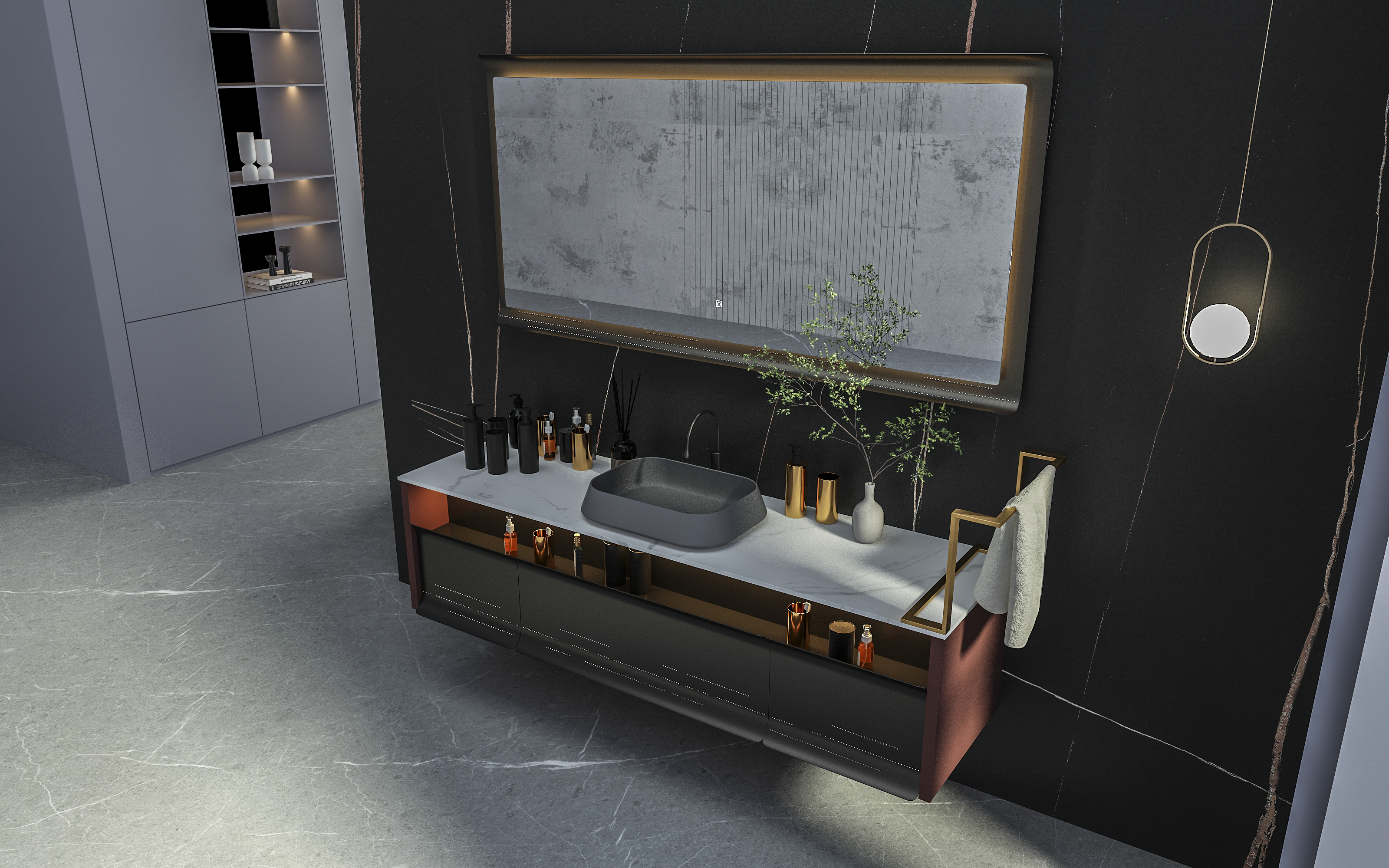 Light luxury，Stainless steel bathroom cabinet，bathroom，product design，mirror，Wash basin，Advanced texture，dark，