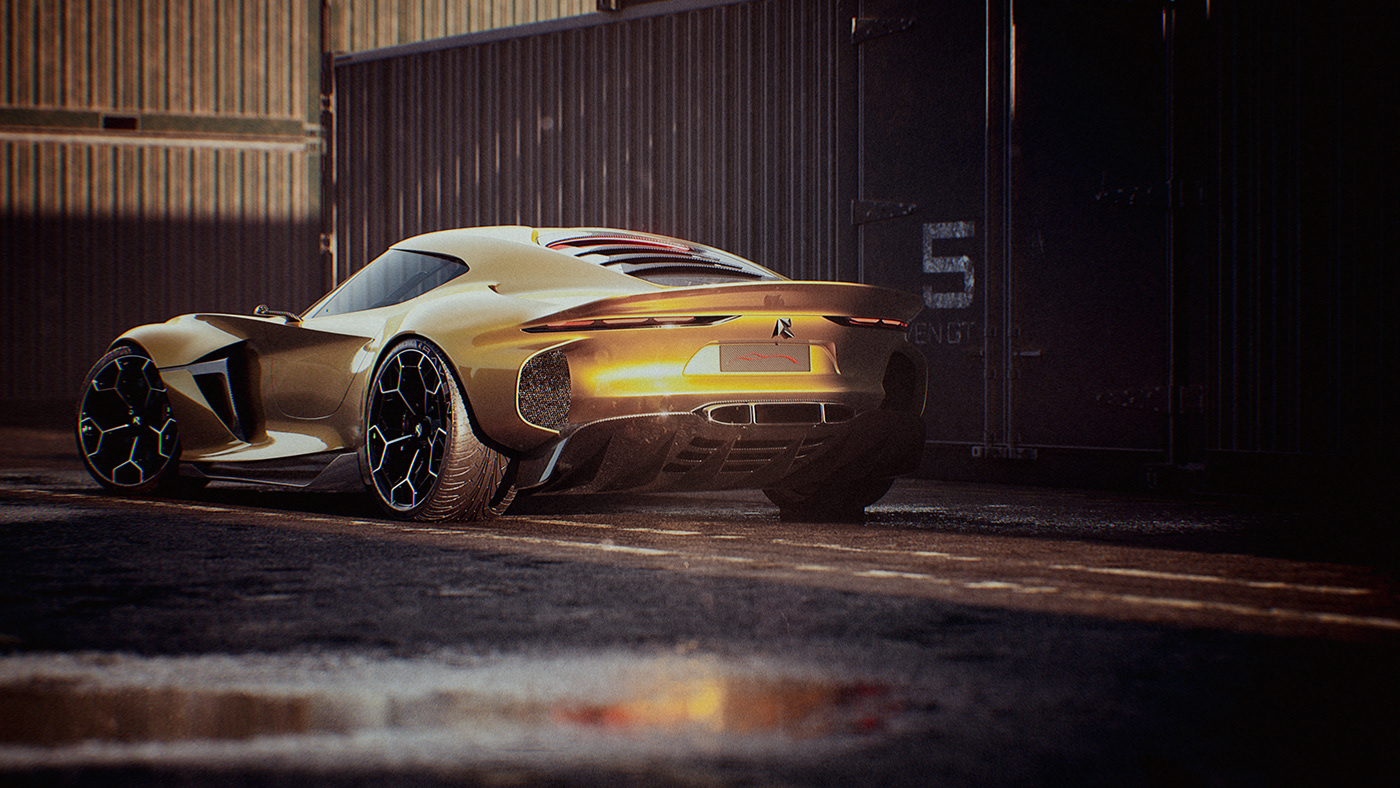 Sports car，conceptual design，yellow，CGI rendering，Automobile design，