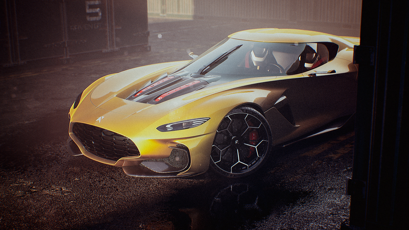 Sports car，conceptual design，yellow，CGI rendering，Automobile design，