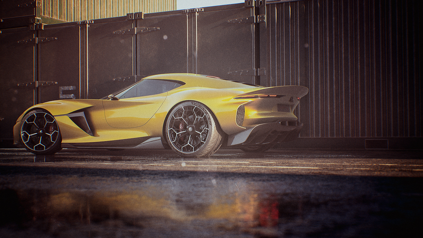 Sports car，conceptual design，yellow，CGI rendering，Automobile design，