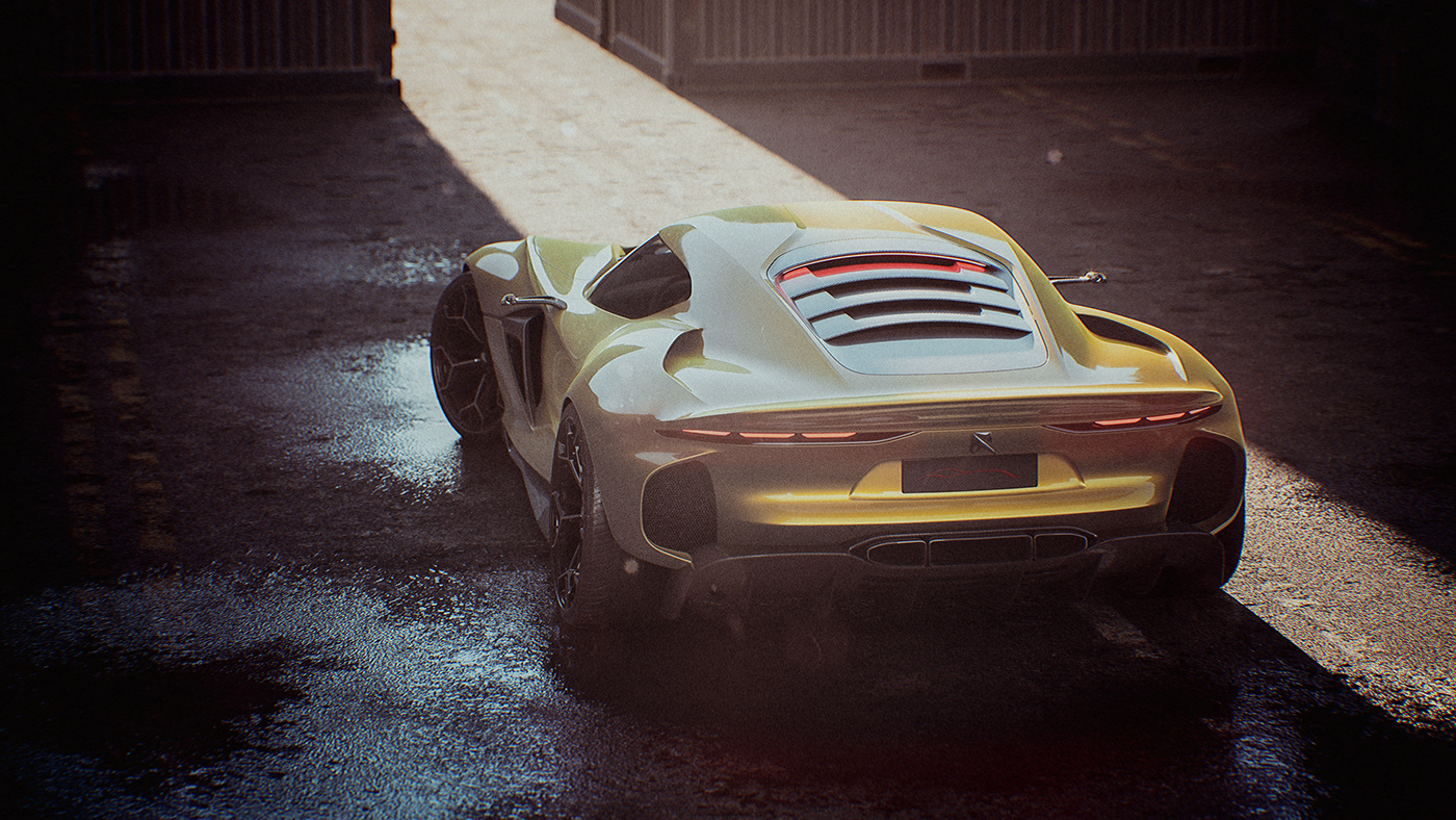 Sports car，conceptual design，yellow，CGI rendering，Automobile design，