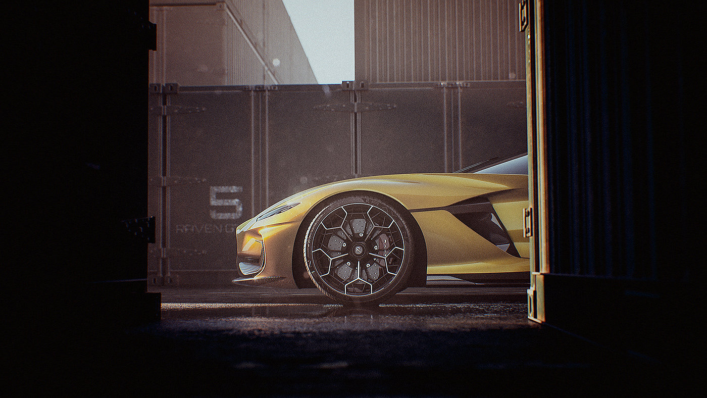 Sports car，conceptual design，yellow，CGI rendering，Automobile design，