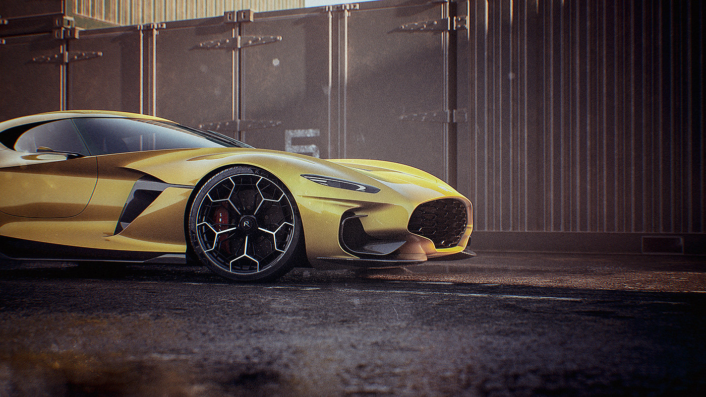 Sports car，conceptual design，yellow，CGI rendering，Automobile design，
