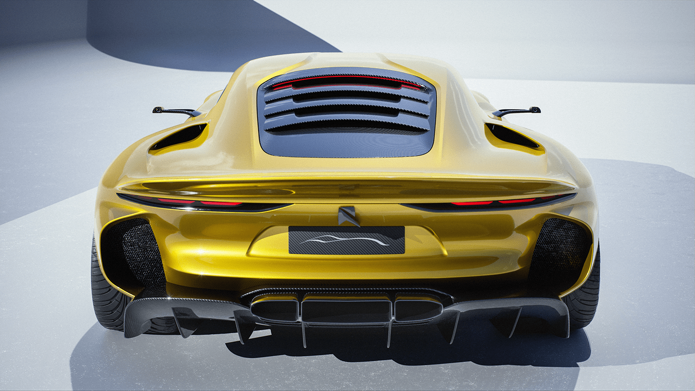 Sports car，conceptual design，yellow，CGI rendering，Automobile design，