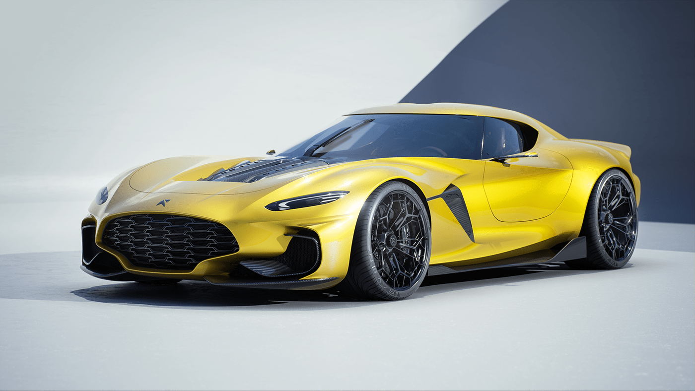 Sports car，conceptual design，yellow，CGI rendering，Automobile design，