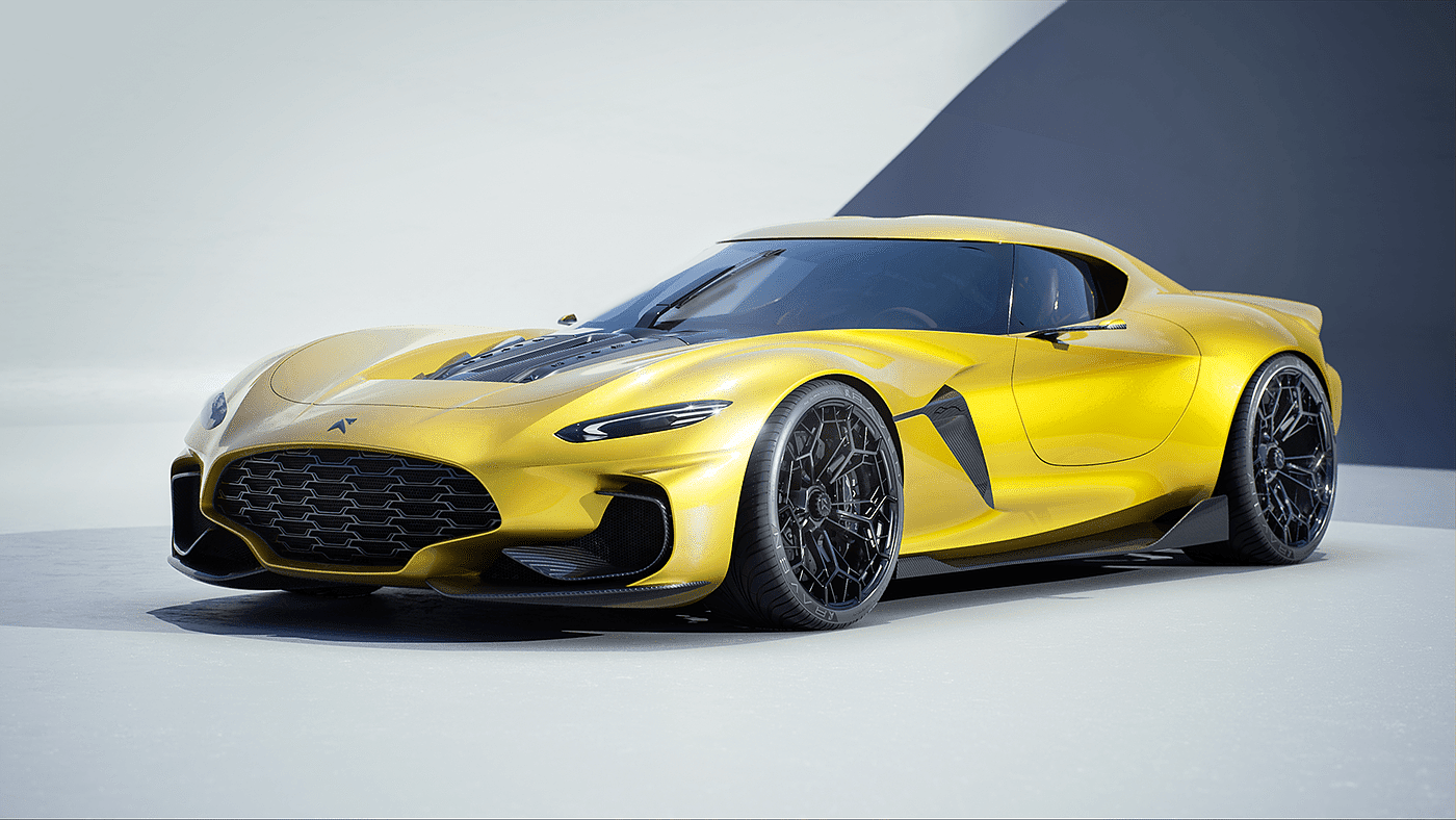 Sports car，conceptual design，yellow，CGI rendering，Automobile design，