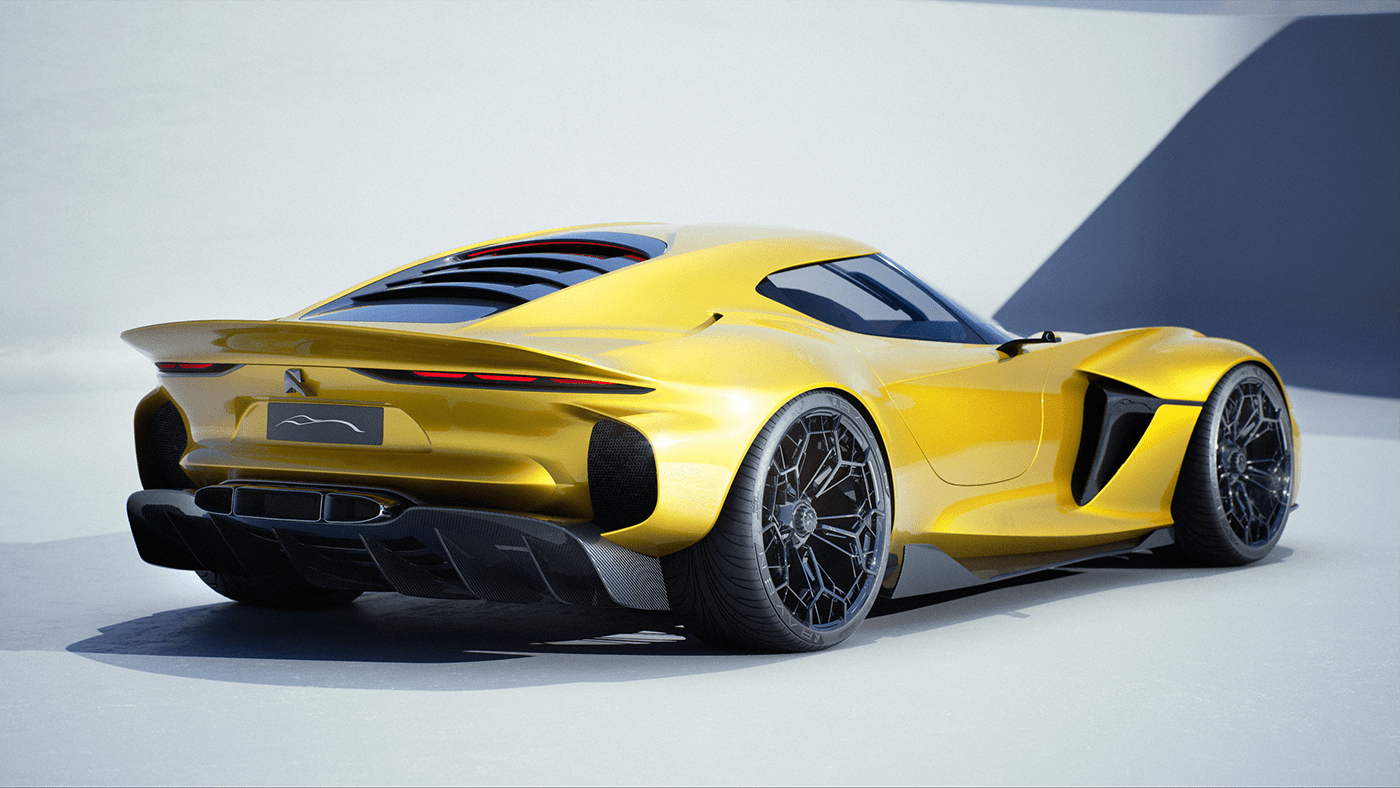 Sports car，conceptual design，yellow，CGI rendering，Automobile design，