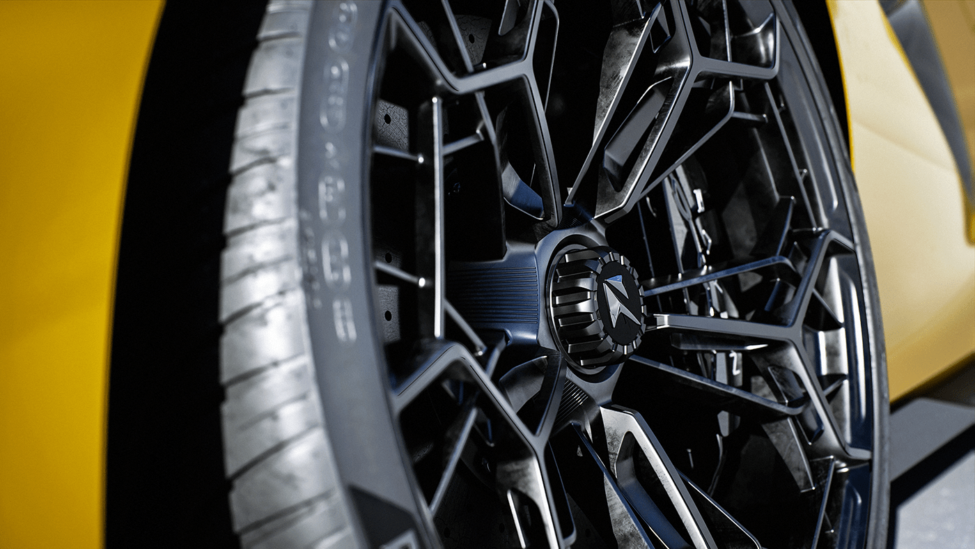 Sports car，conceptual design，yellow，CGI rendering，Automobile design，