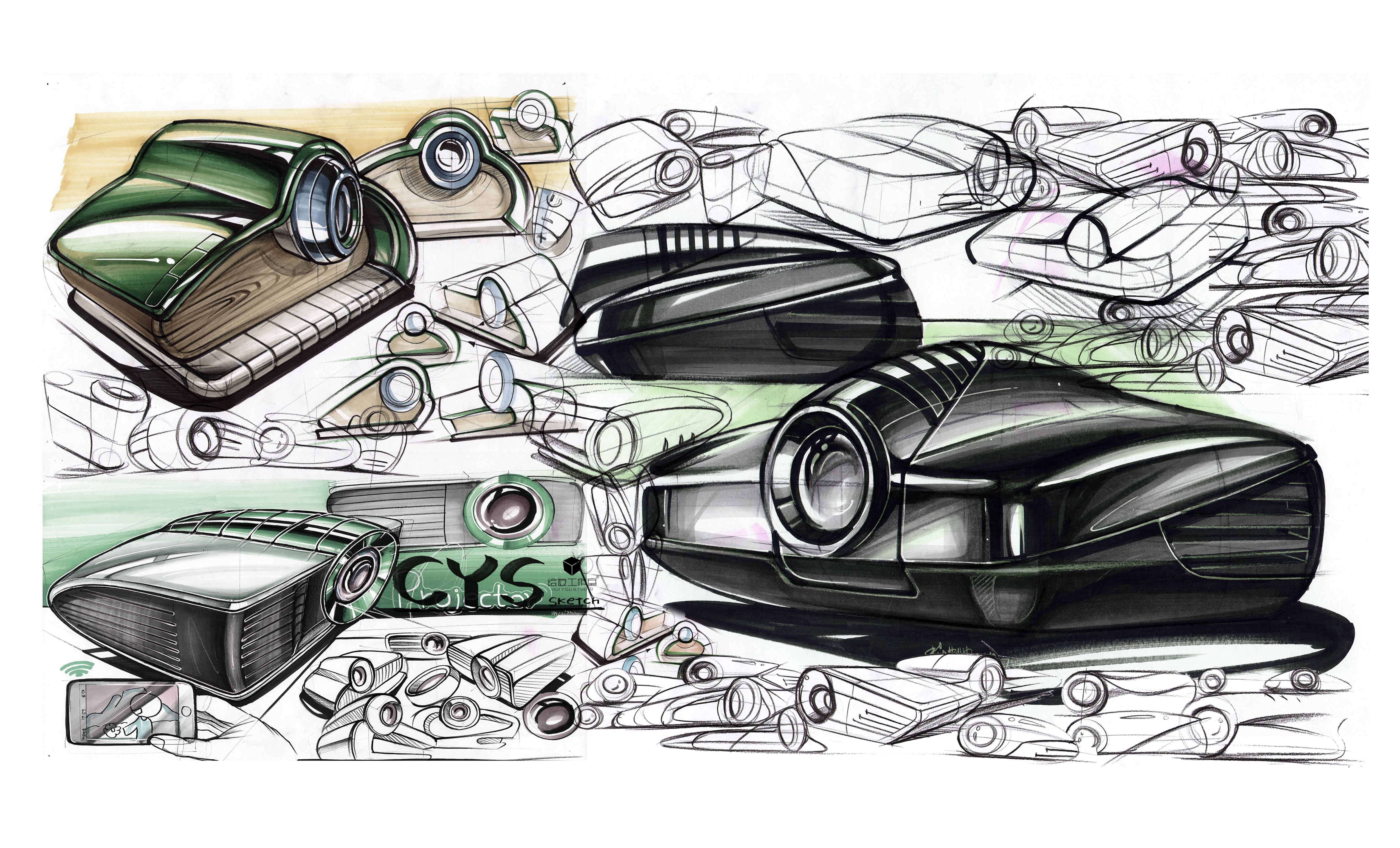 Hand drawn industrial design，Hand drawn products，Marker hand drawn，Projector，