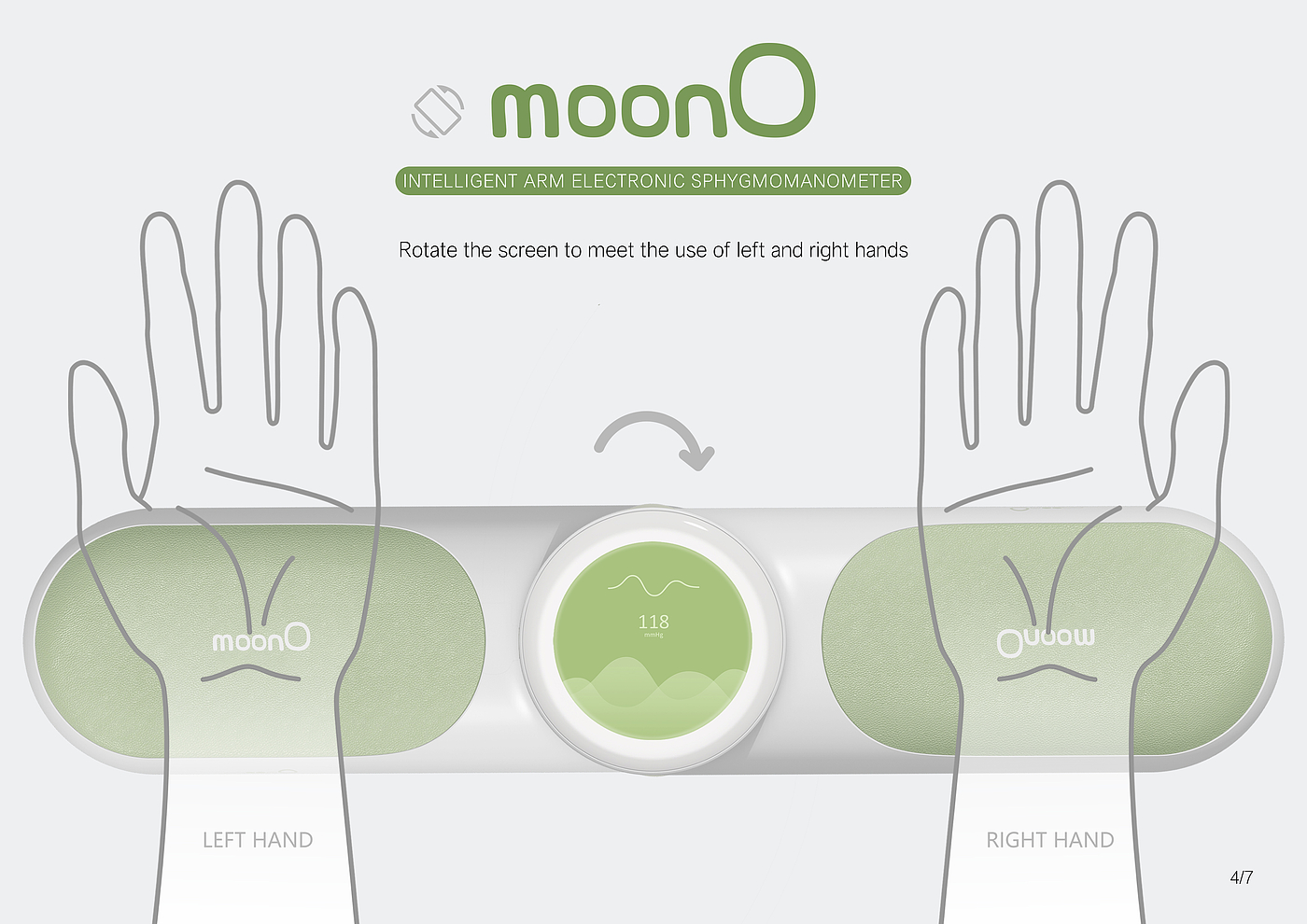 “MOONO”是一款创新的智能臂式电子血，血压计，精致，小巧，品质，舒适，精准，亲和，
