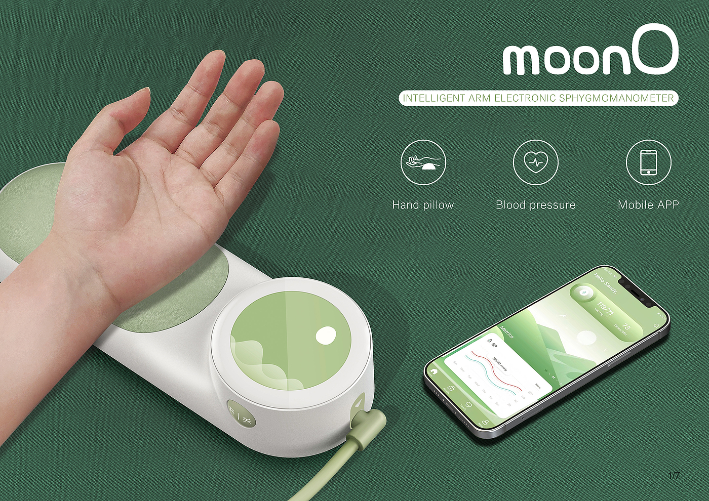 “MOONO”是一款创新的智能臂式电子血，血压计，精致，小巧，品质，舒适，精准，亲和，