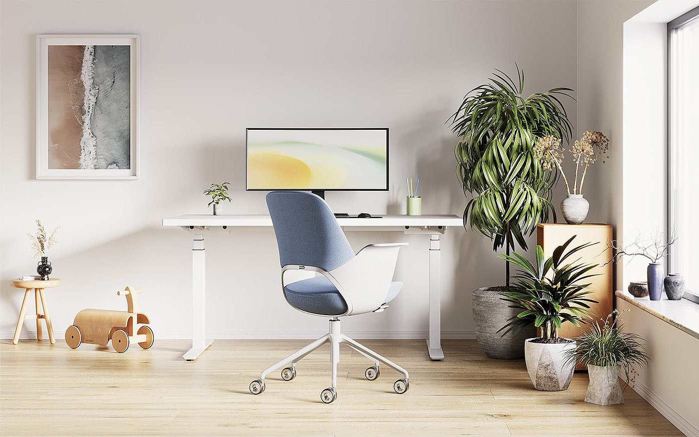 chair，to work in an office，life，family，