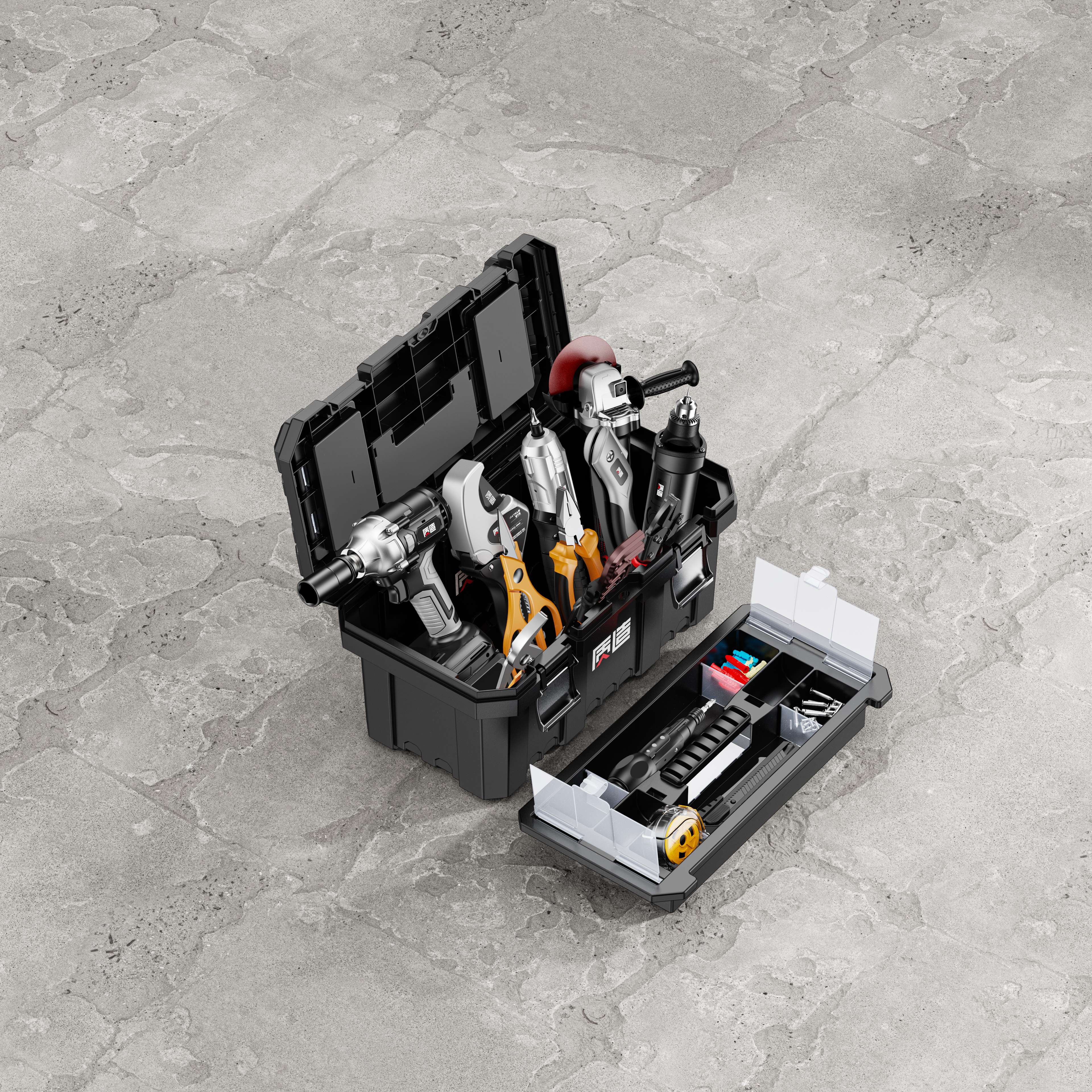 Product rendering，Hardware tools，Electric tool，Electric chain saw，Angle grinder，Car washing machine，level，