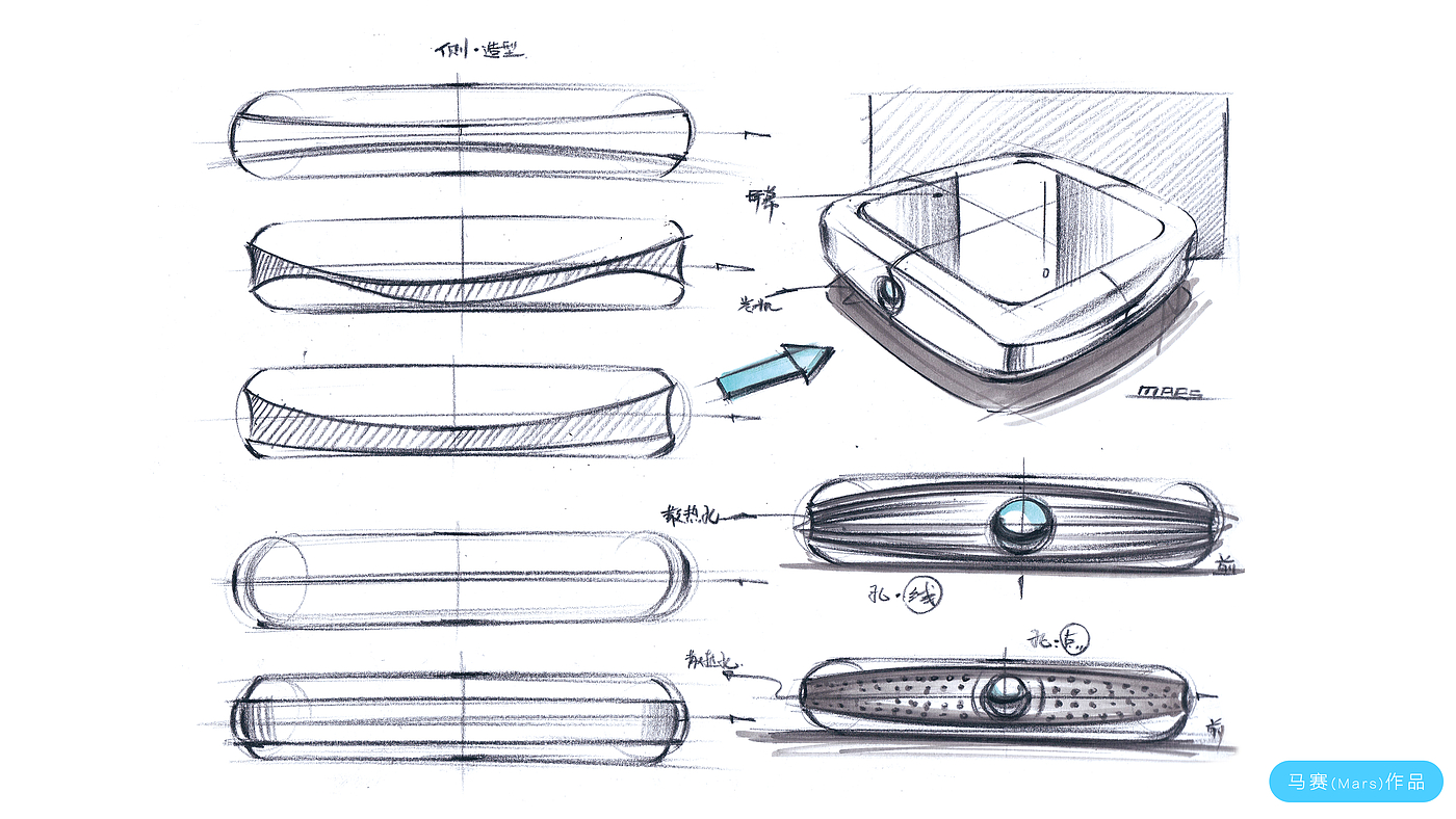 Hand drawn industrial products，Projector，Product renderings，Design Research，Hand drawn products，Hand drawn renderings of products，