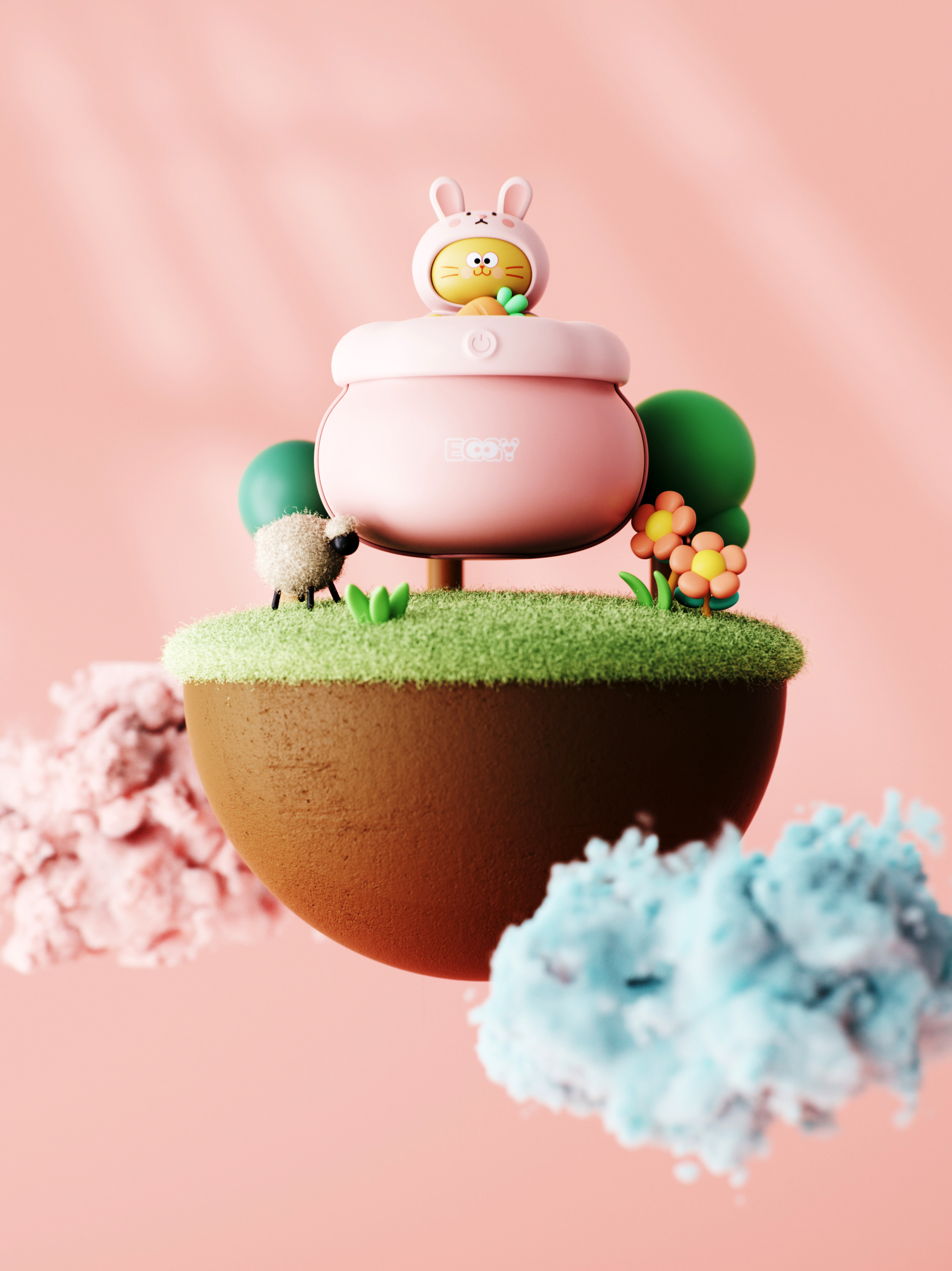The Year of the Rabbit，Hand warmer，portable source，Egg yolk cat，product design，3D rendering，