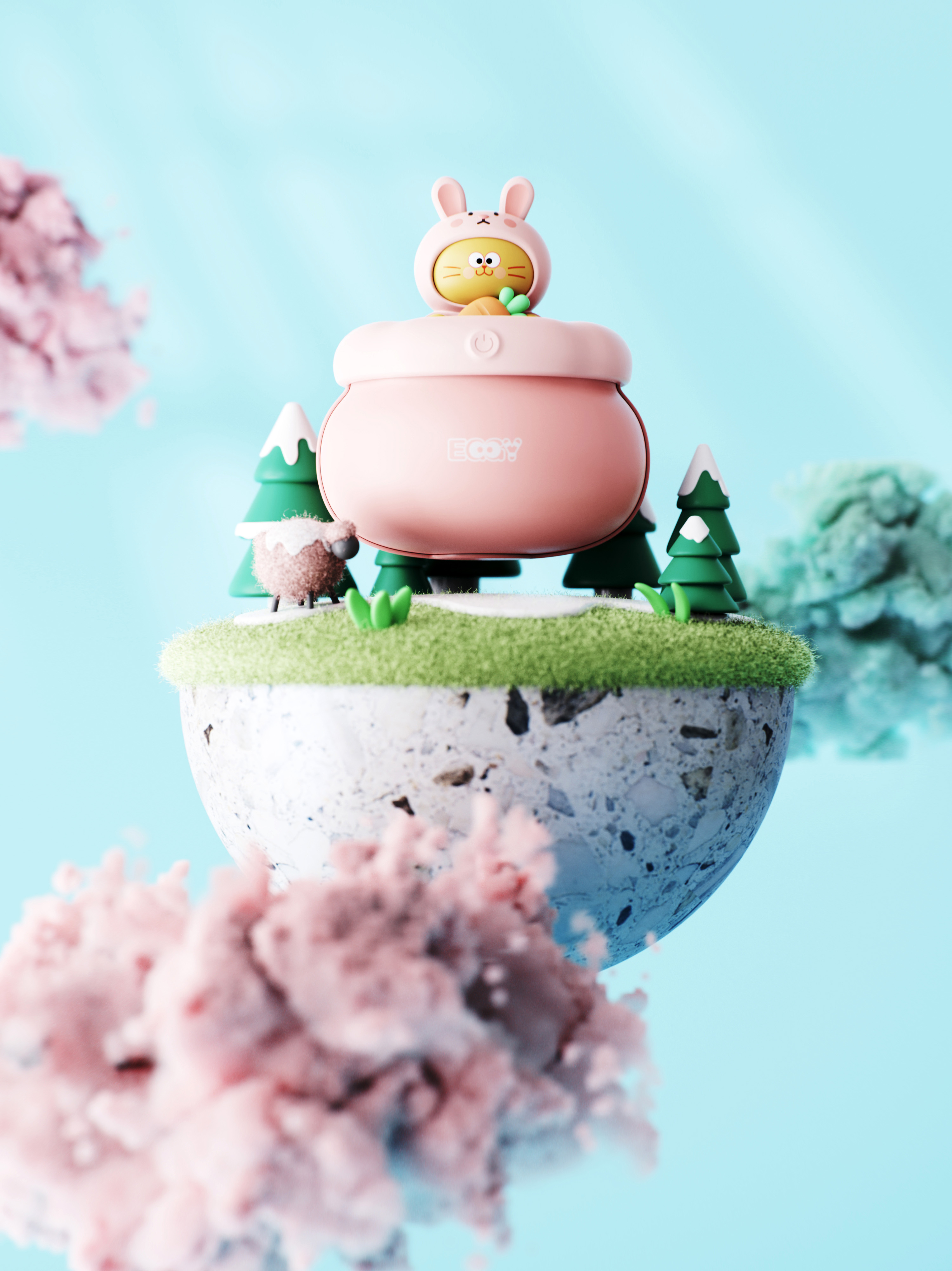The Year of the Rabbit，Hand warmer，portable source，Egg yolk cat，product design，3D rendering，