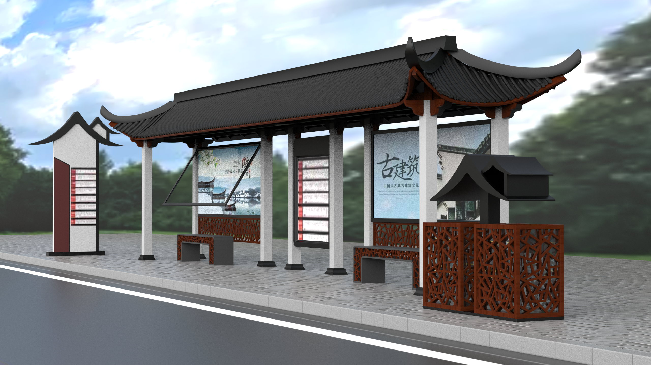 Bus stop，Stop sign，Site，transit，Hui school，Huizhou architecture，Wooden structure，Tile，