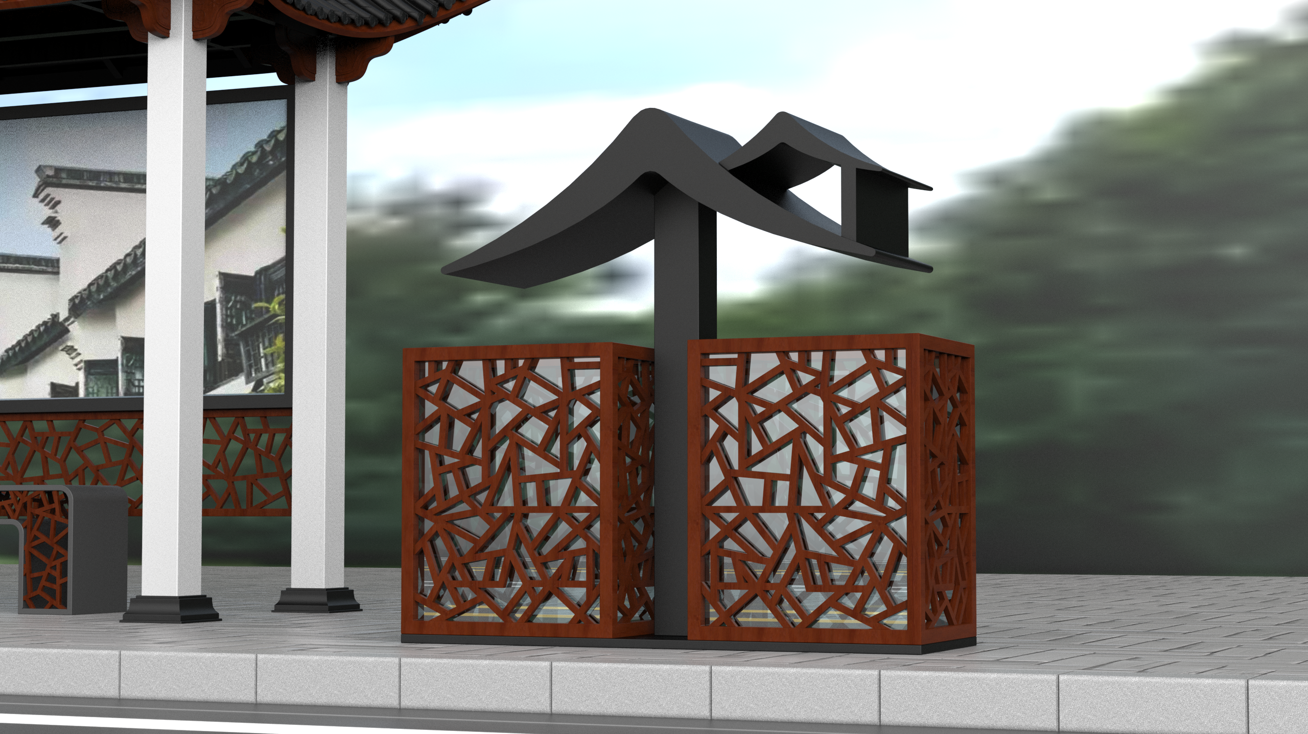 Bus stop，Stop sign，Site，transit，Hui school，Huizhou architecture，Wooden structure，Tile，