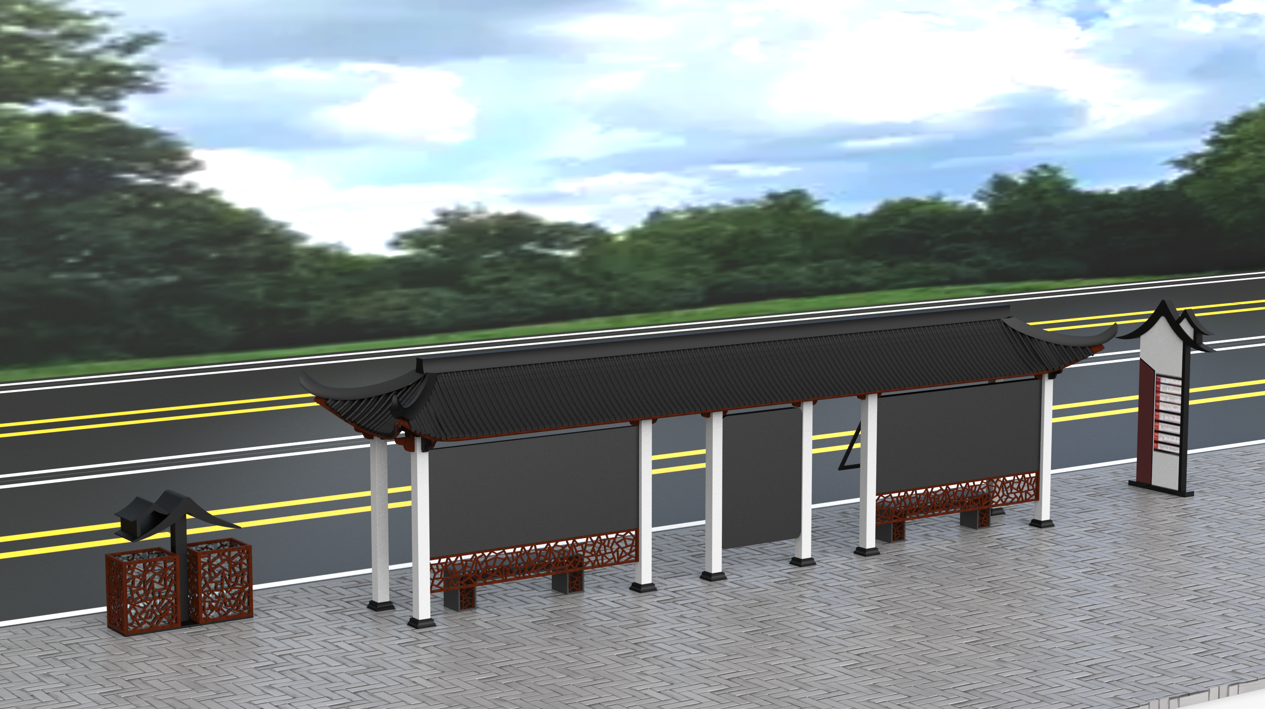 Bus stop，Stop sign，Site，transit，Hui school，Huizhou architecture，Wooden structure，Tile，