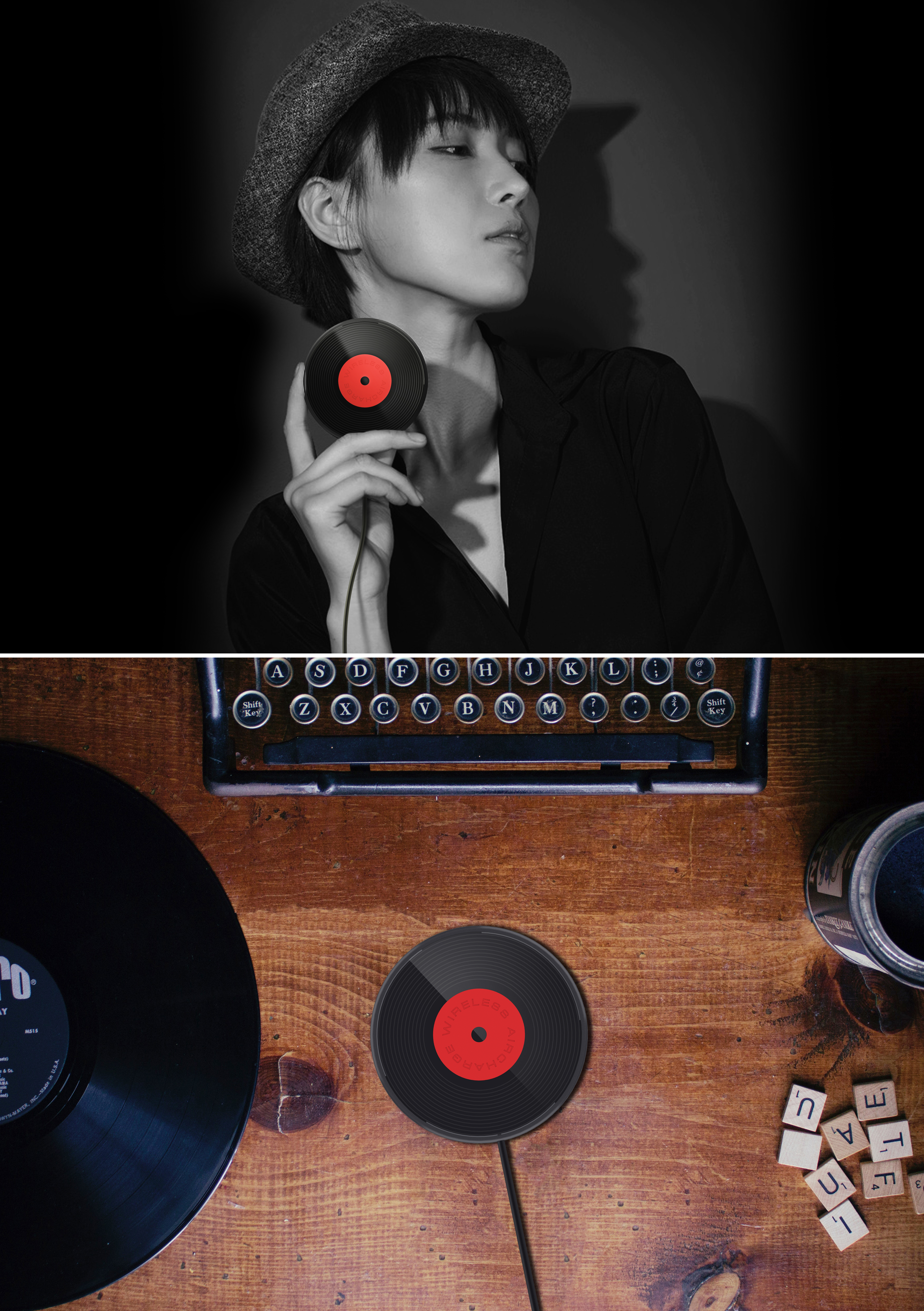 Wireless charging，3c，Charger，industrial design，Retro，Black glue，