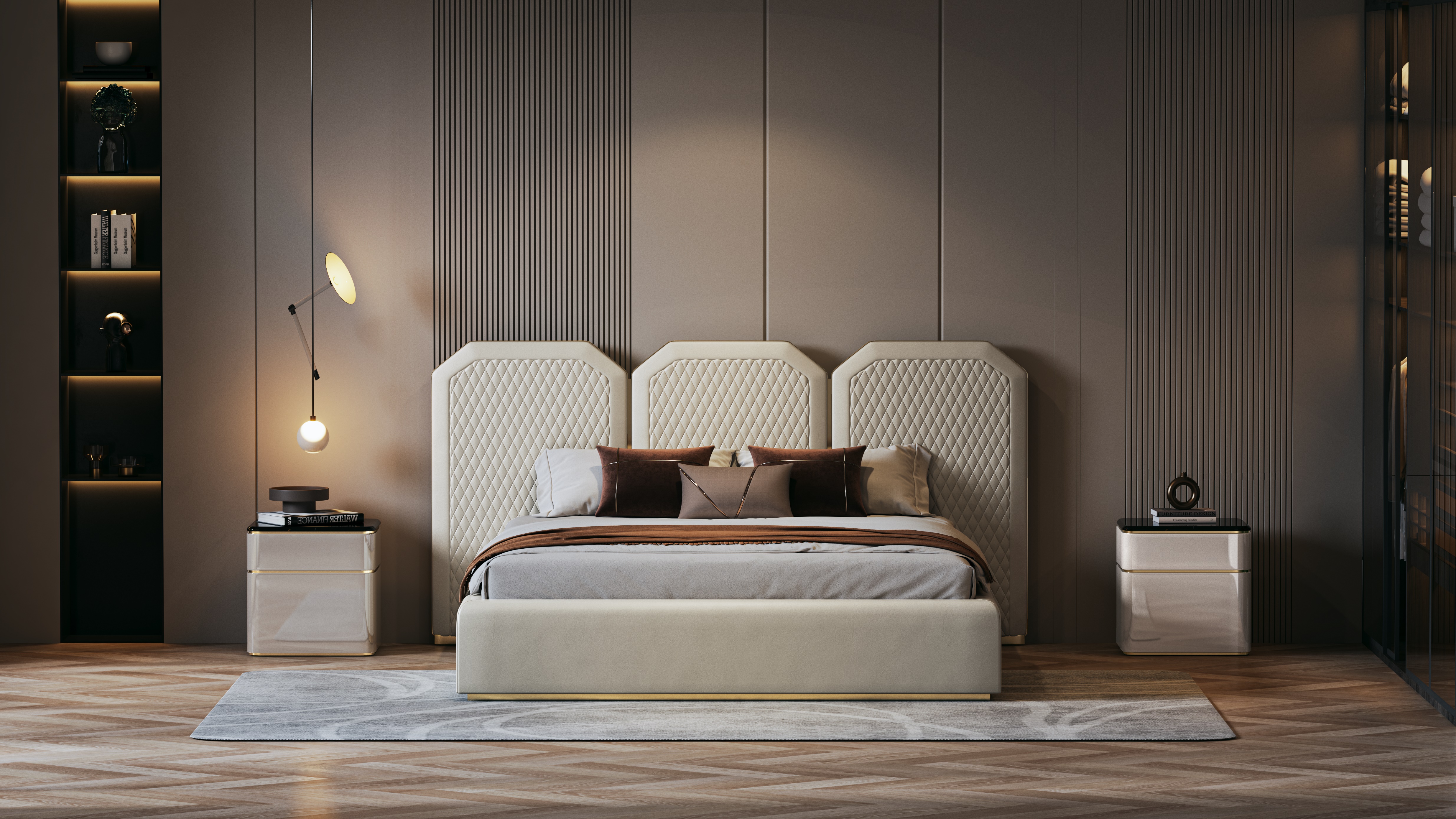 bedroom，Interior design，Bed，Bedding，bedside cupboard，