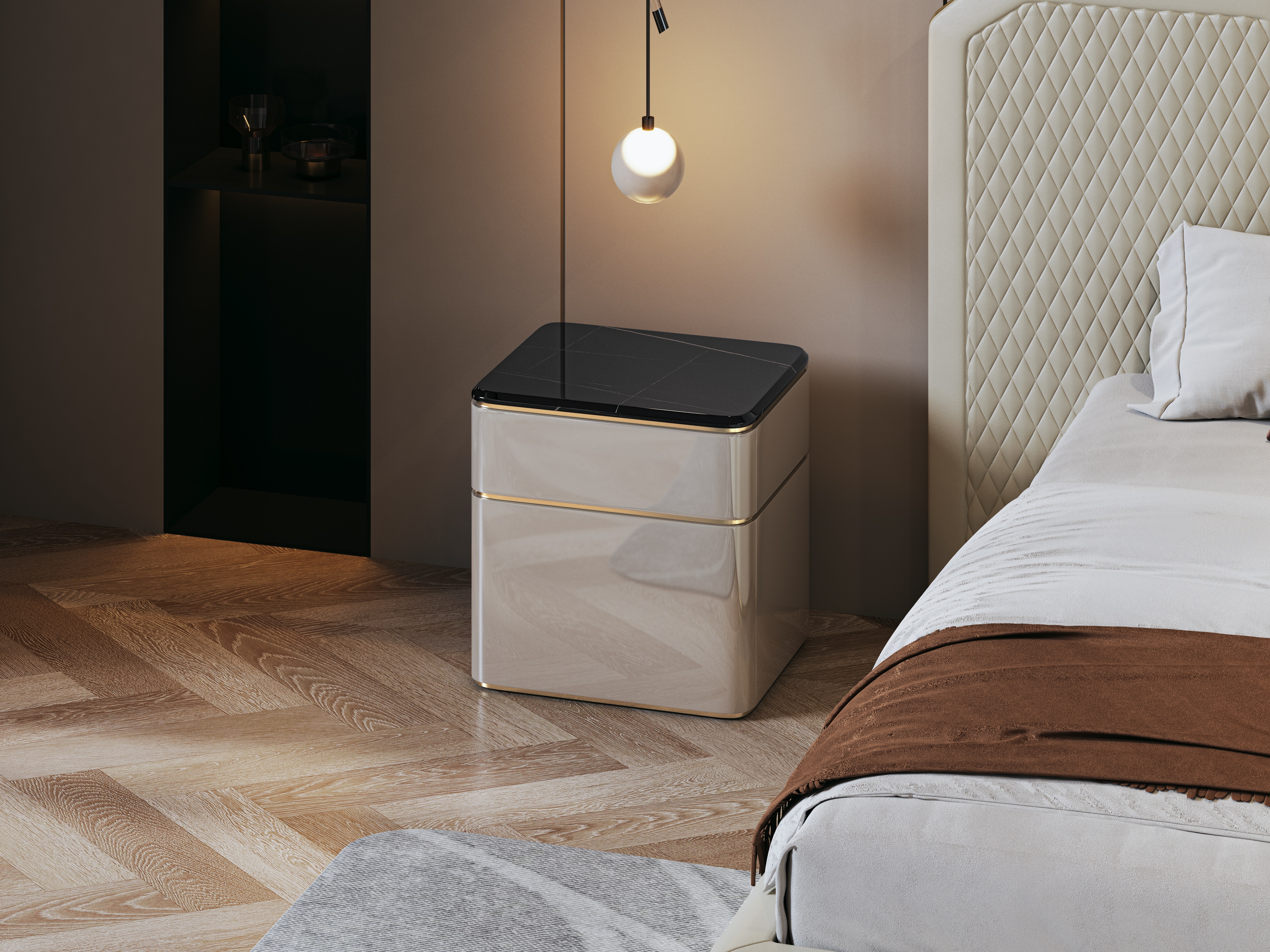 bedroom，Interior design，Bed，Bedding，bedside cupboard，