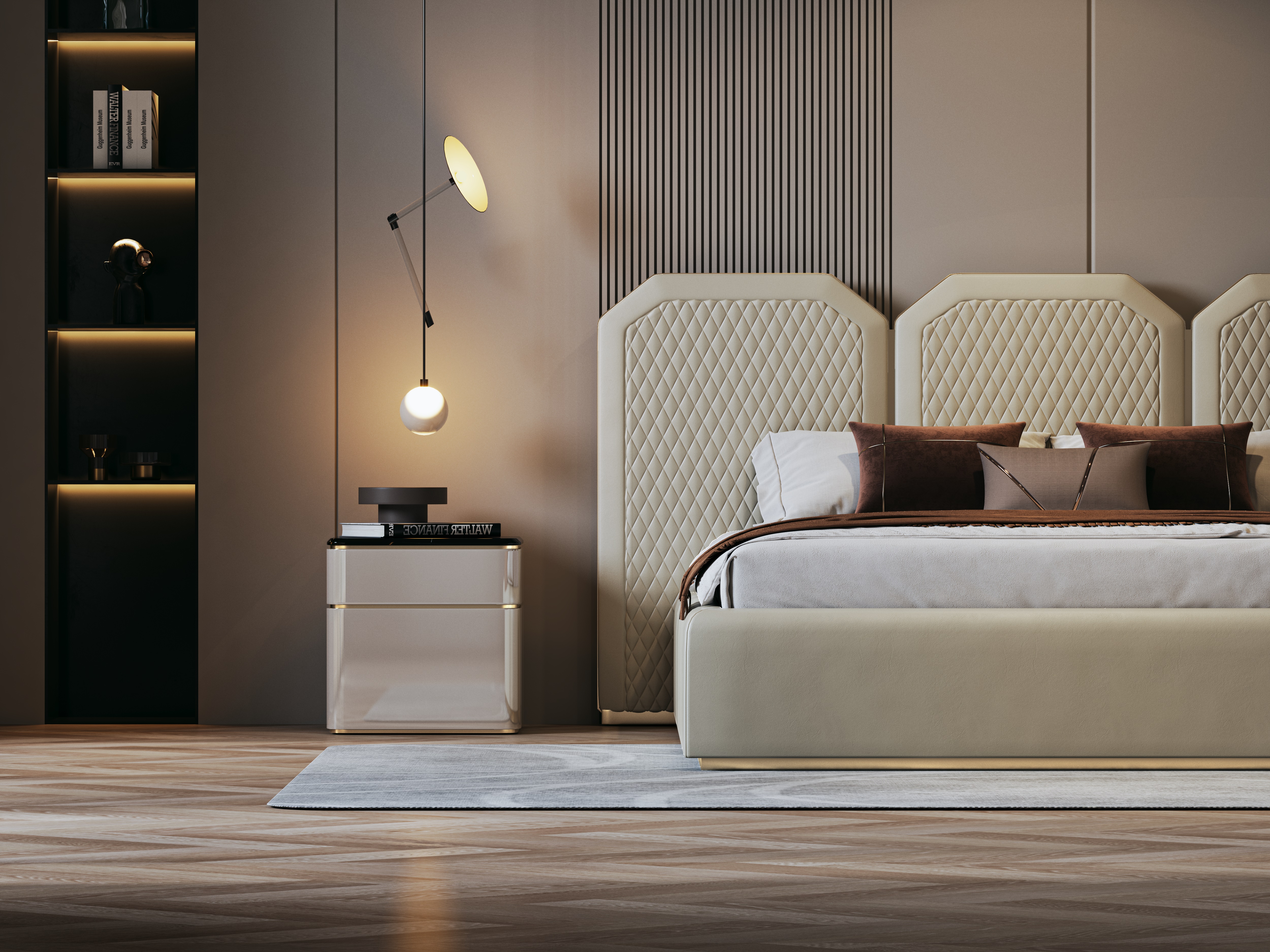 bedroom，Interior design，Bed，Bedding，bedside cupboard，