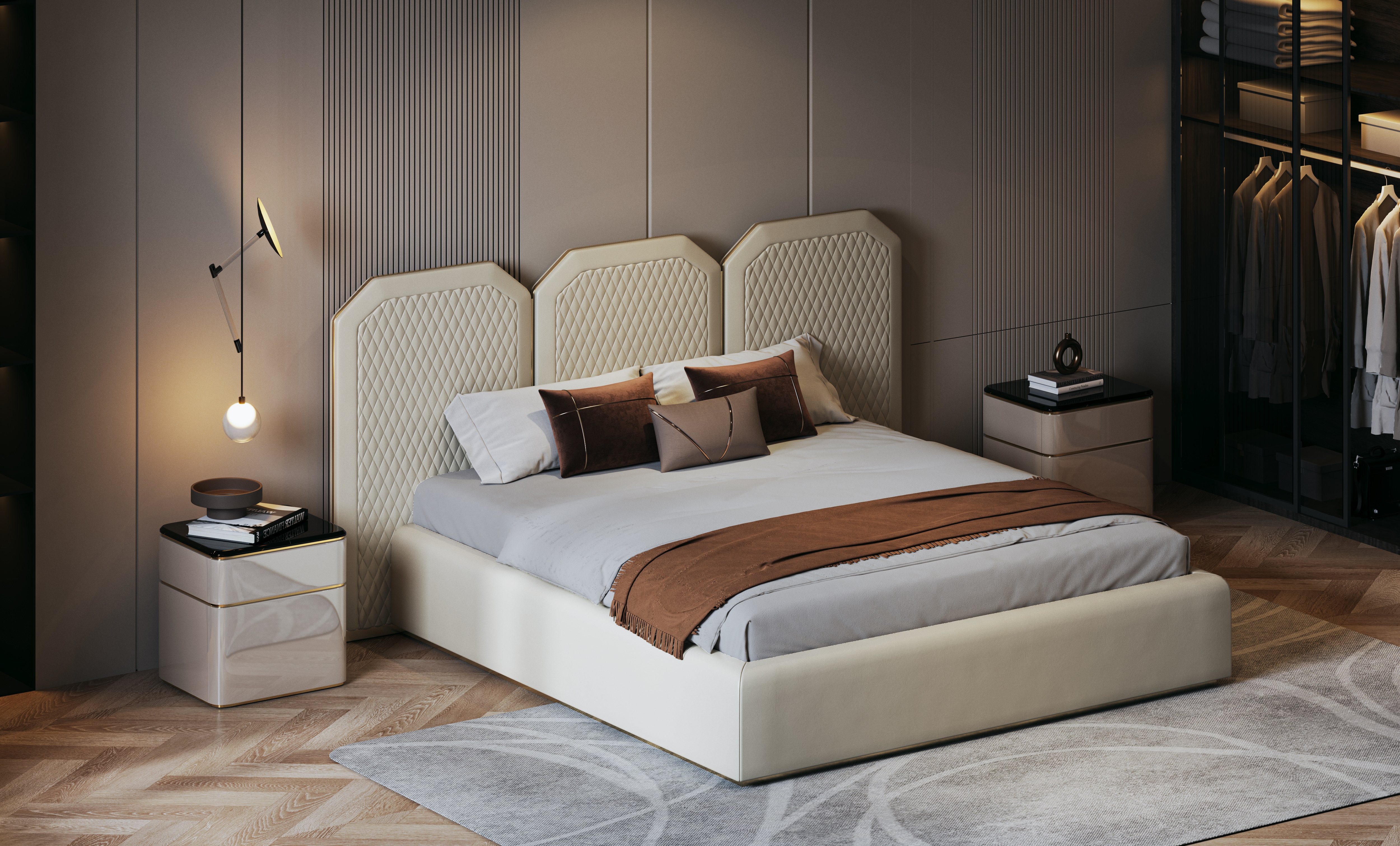 bedroom，Interior design，Bed，Bedding，bedside cupboard，