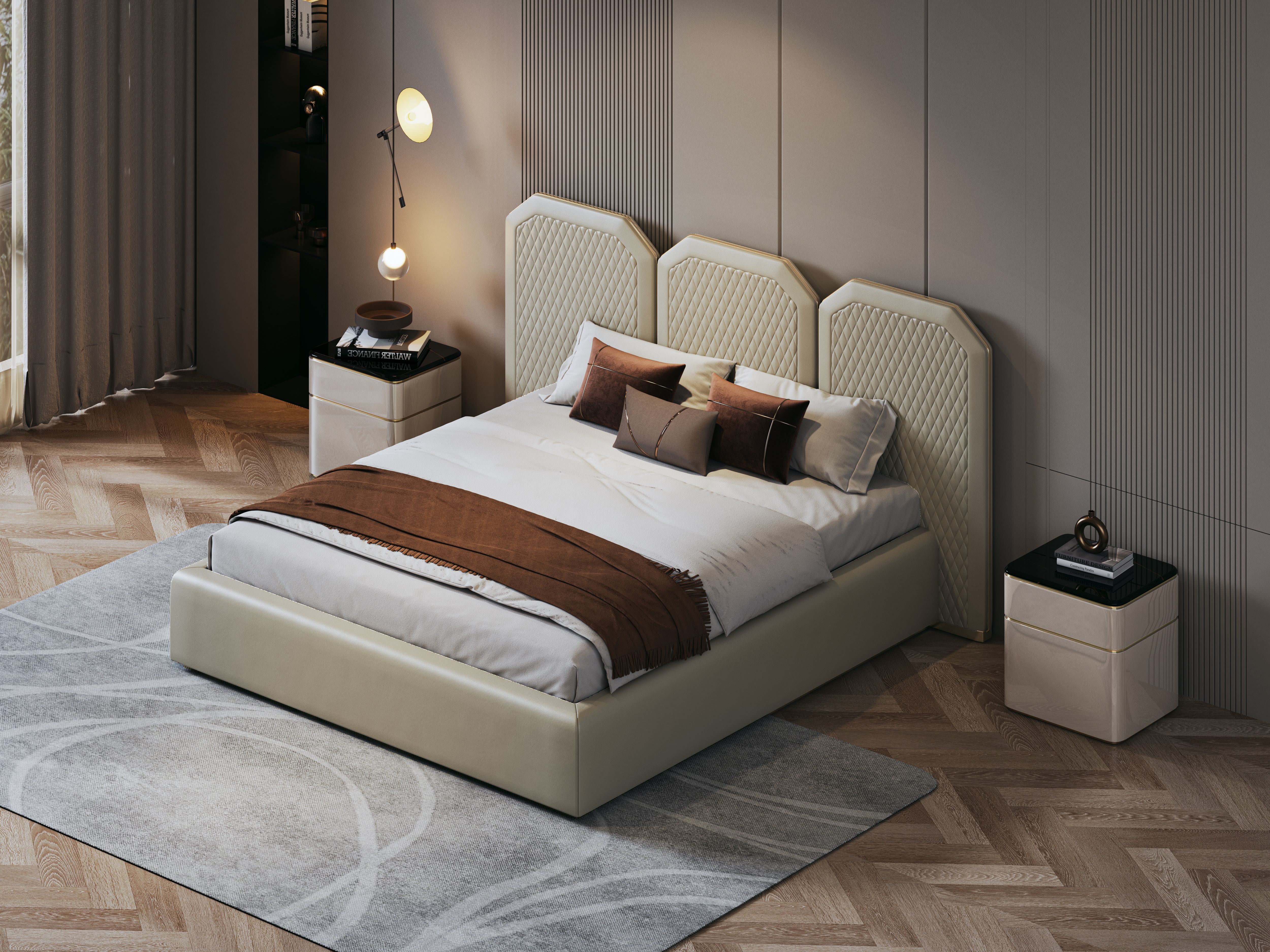 bedroom，Interior design，Bed，Bedding，bedside cupboard，