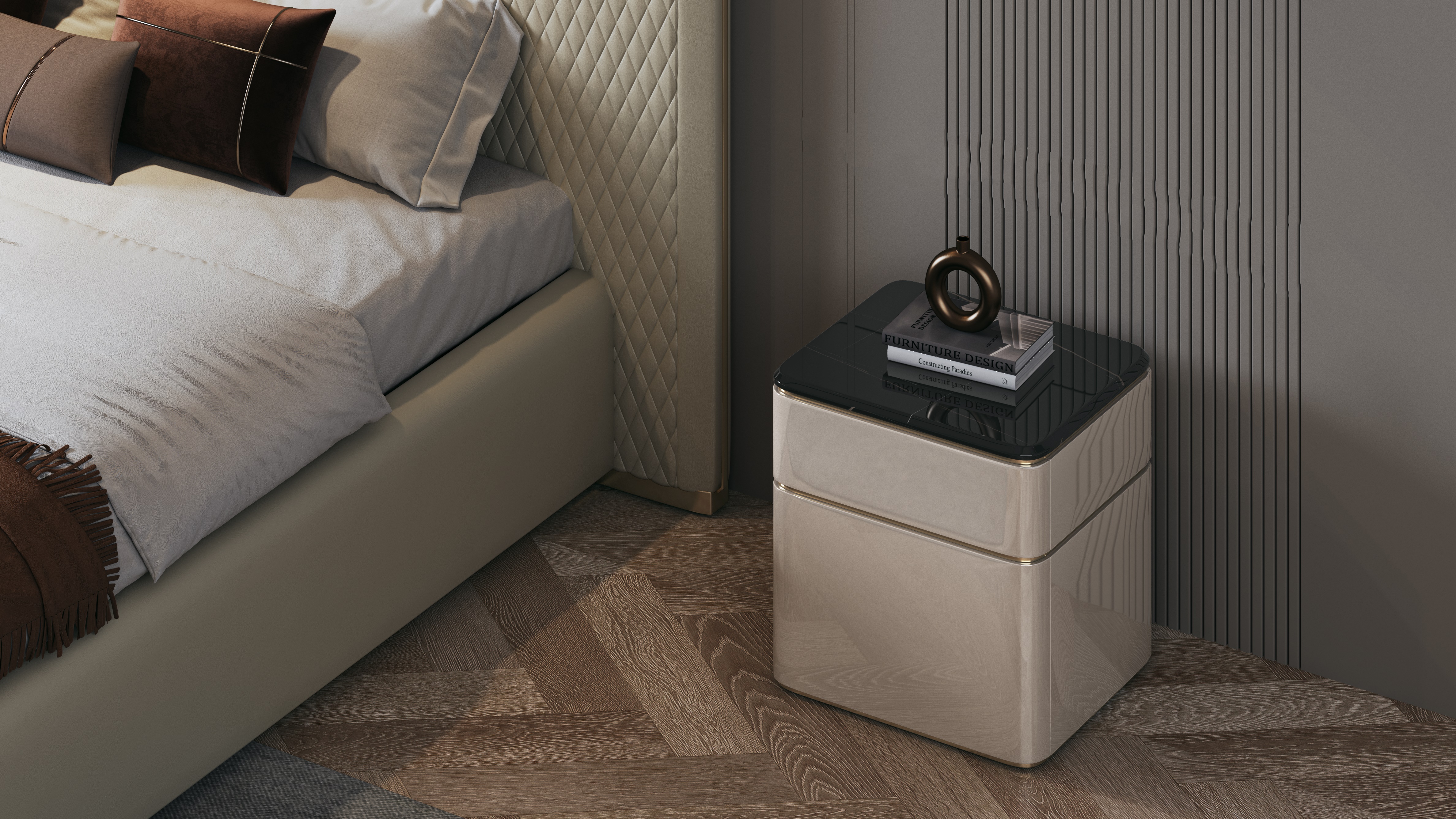 bedroom，Interior design，Bed，Bedding，bedside cupboard，