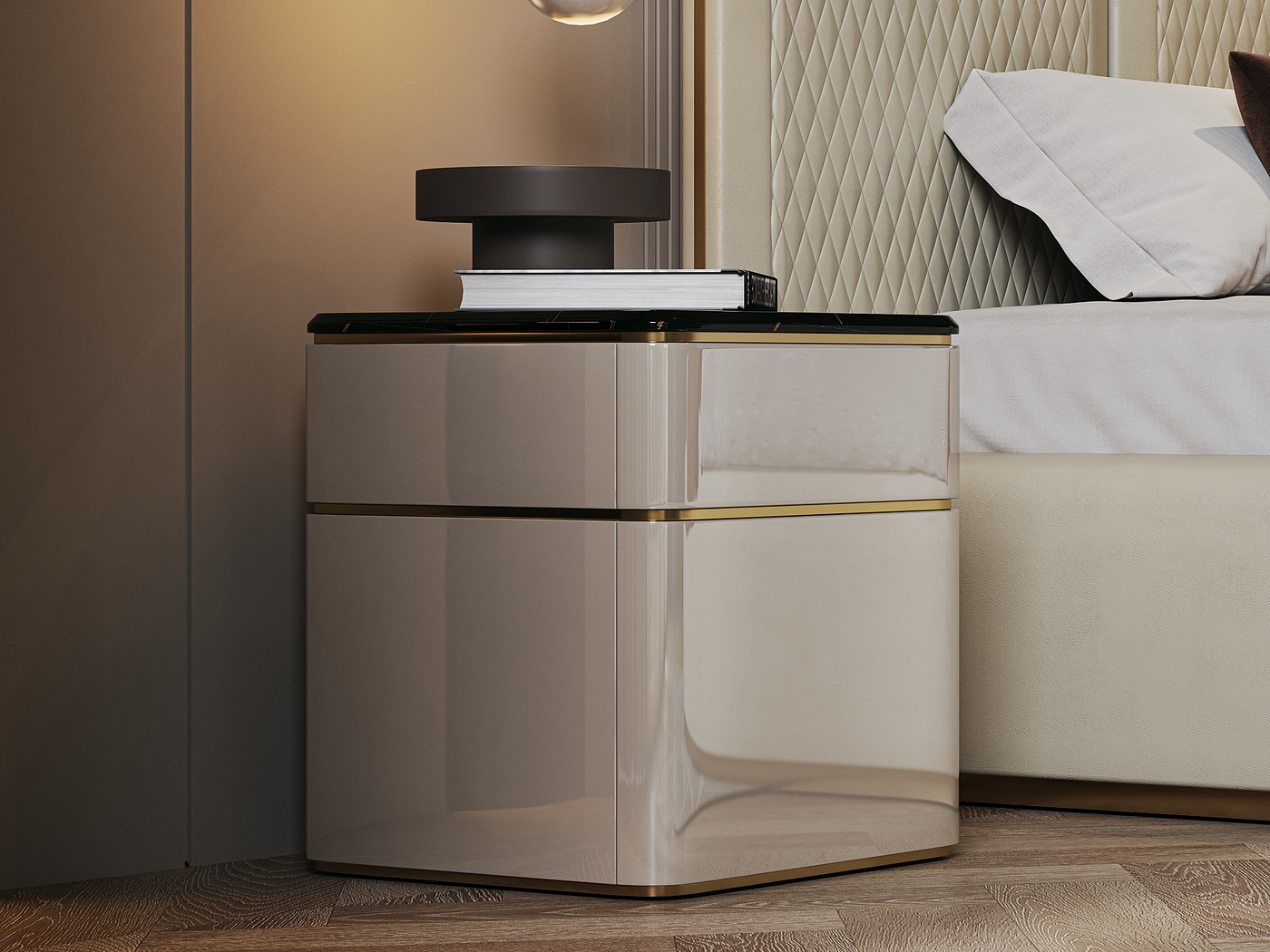bedroom，Interior design，Bed，Bedding，bedside cupboard，