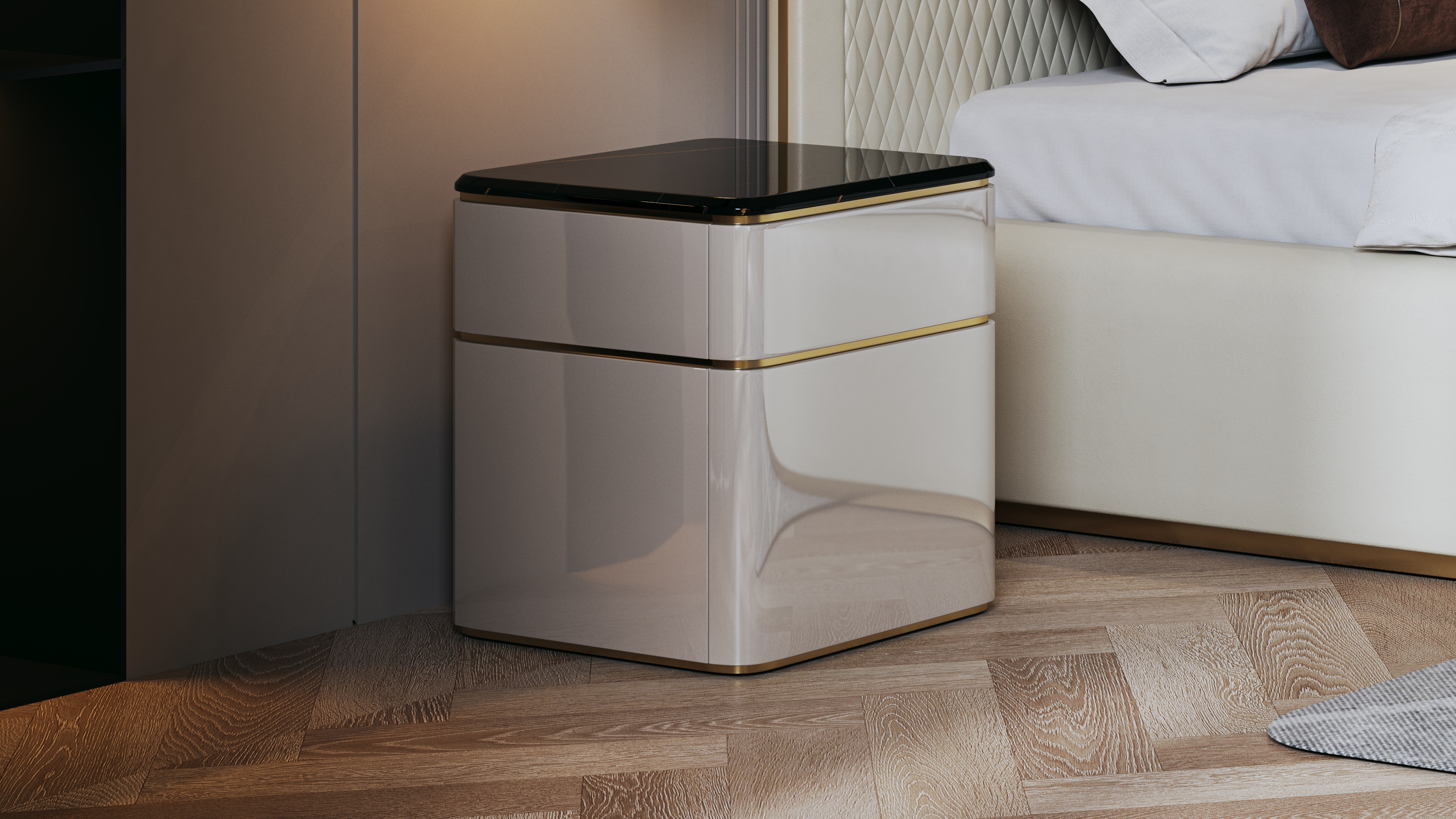 bedroom，Interior design，Bed，Bedding，bedside cupboard，