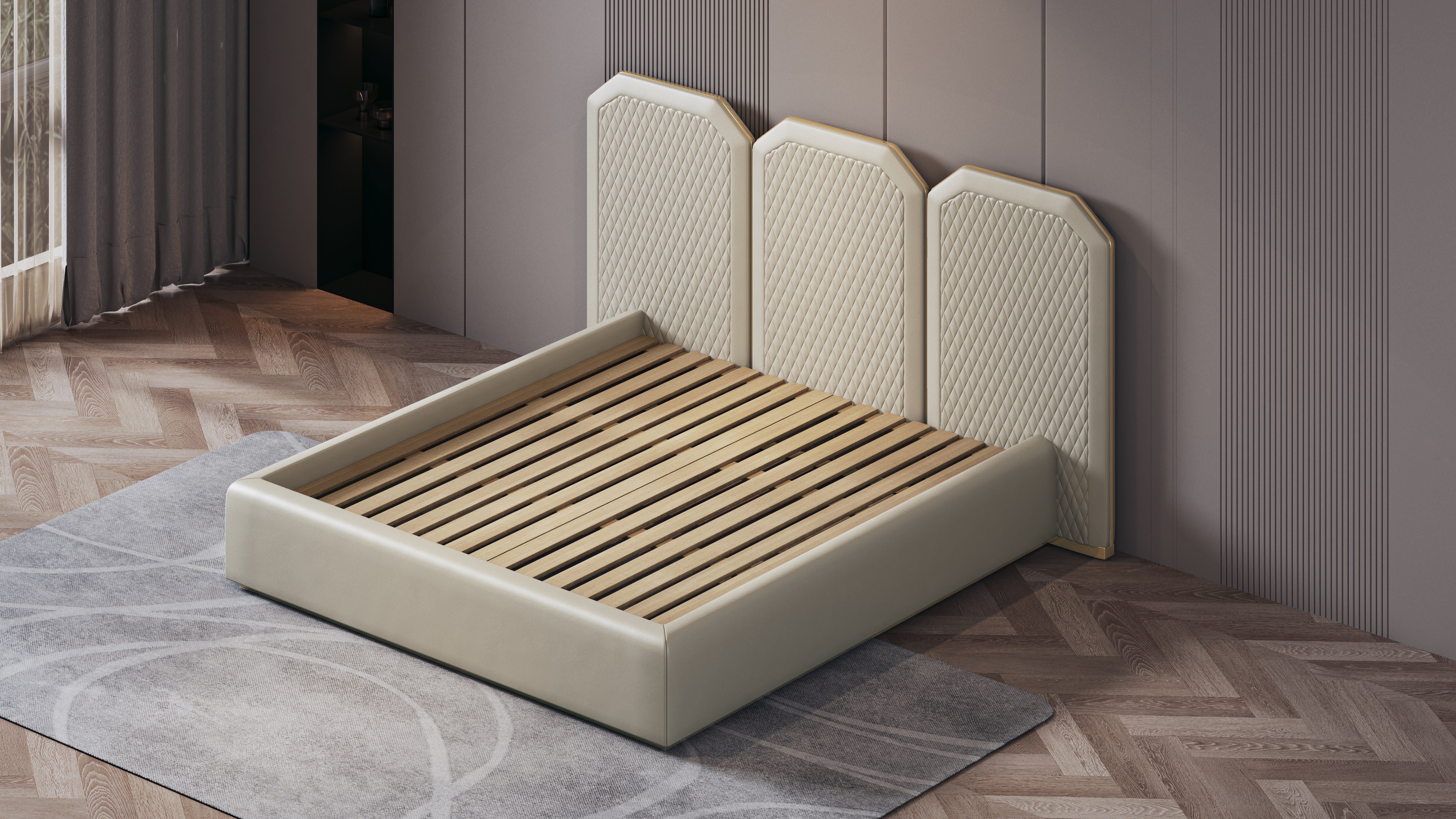 bedroom，Interior design，Bed，Bedding，bedside cupboard，