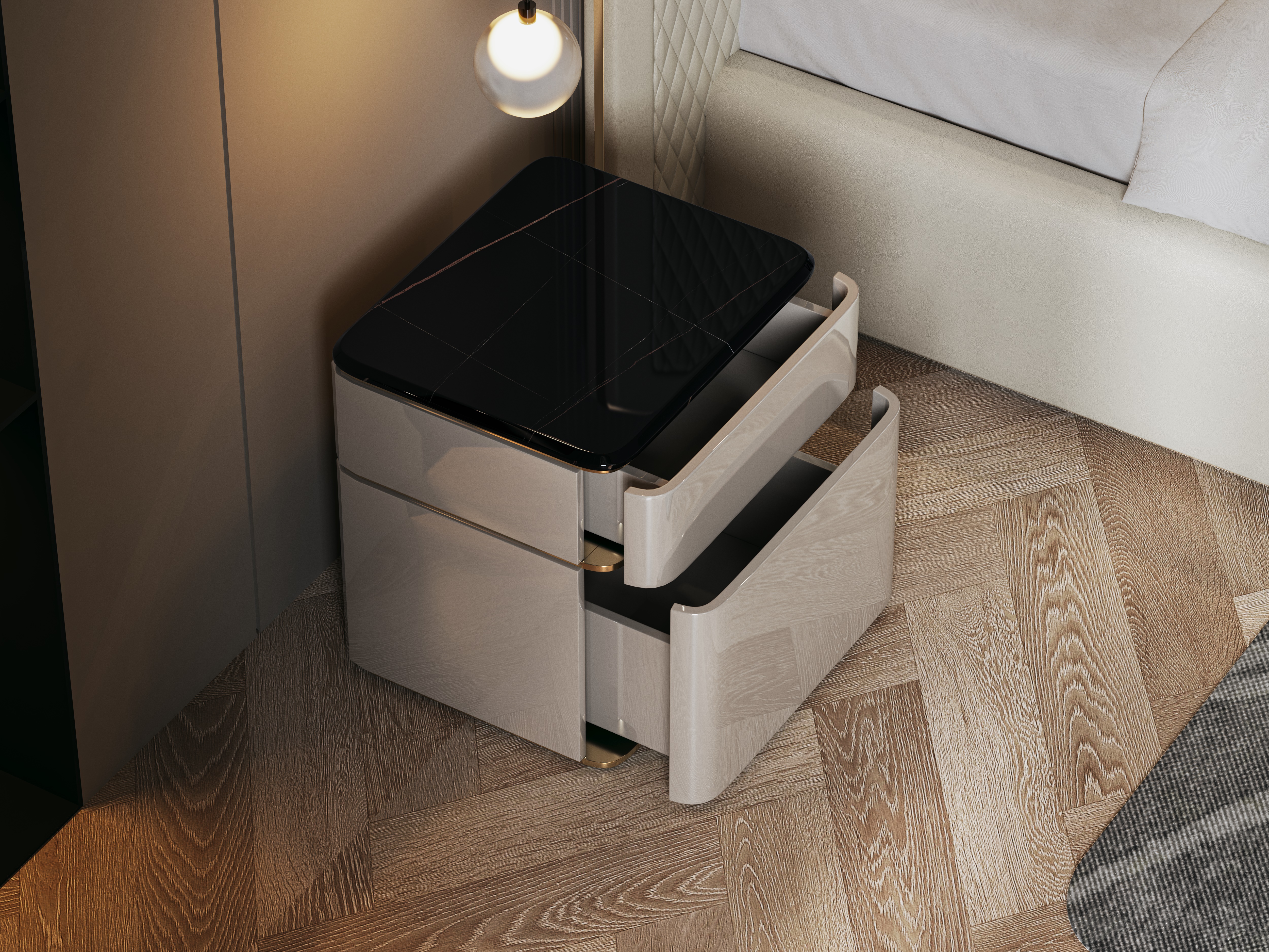 bedroom，Interior design，Bed，Bedding，bedside cupboard，