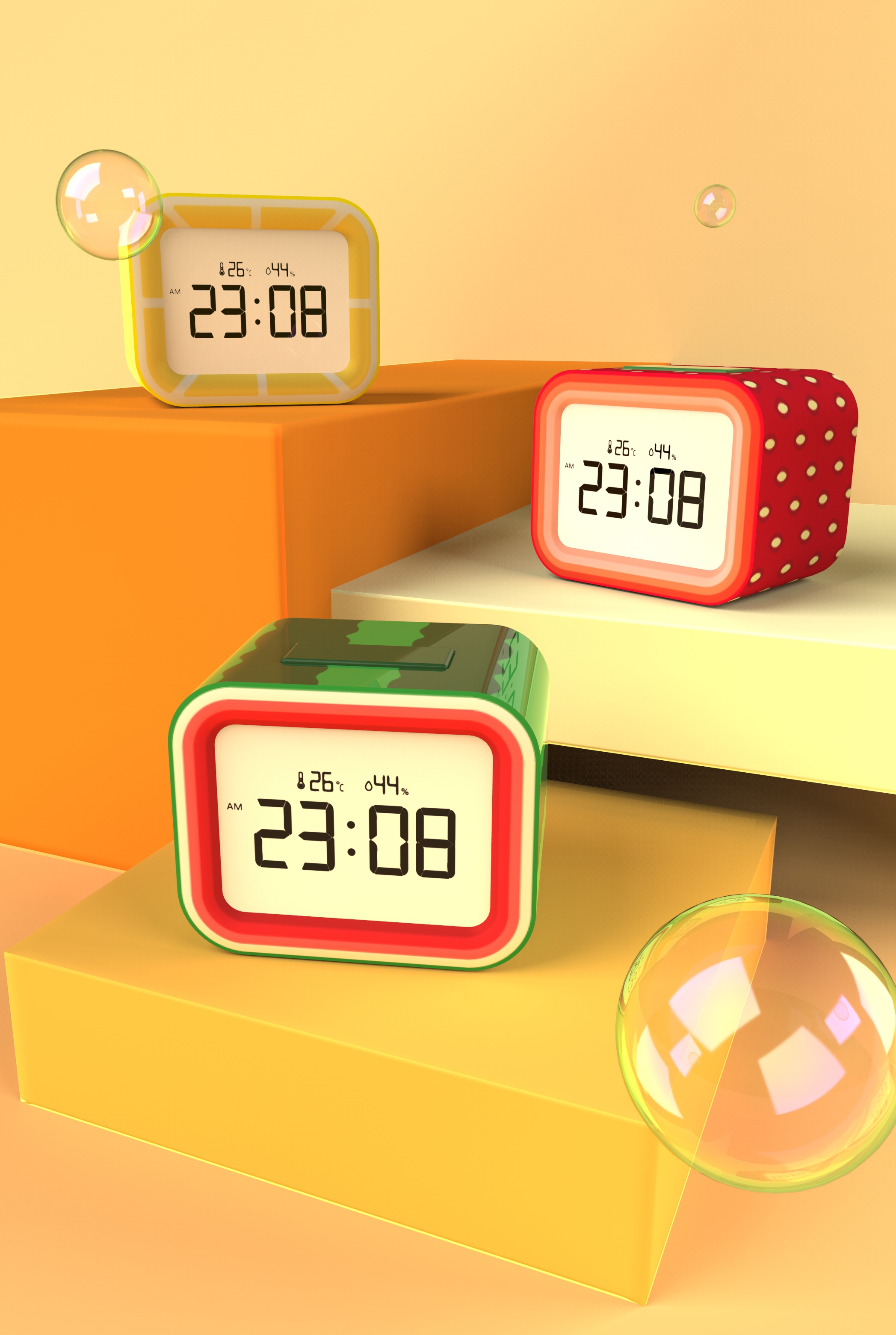 Fruits，alarm clock，