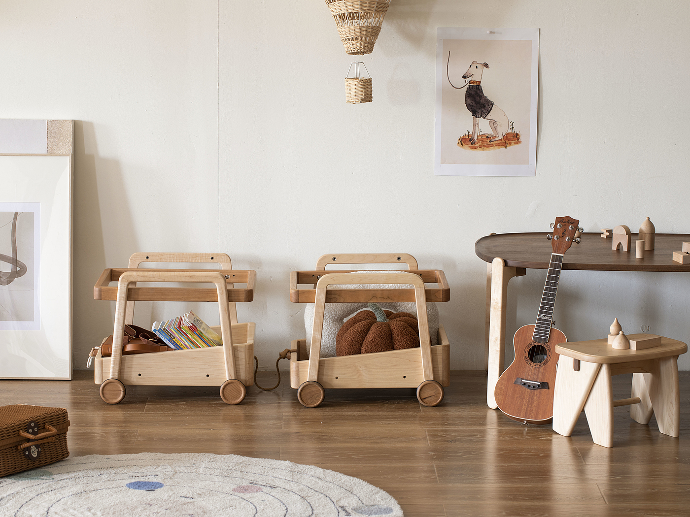 Children's furniture，Solid wood furniture，Original design，furniture design ，Trolley，Storage rack，bookshelf，Toy rack，