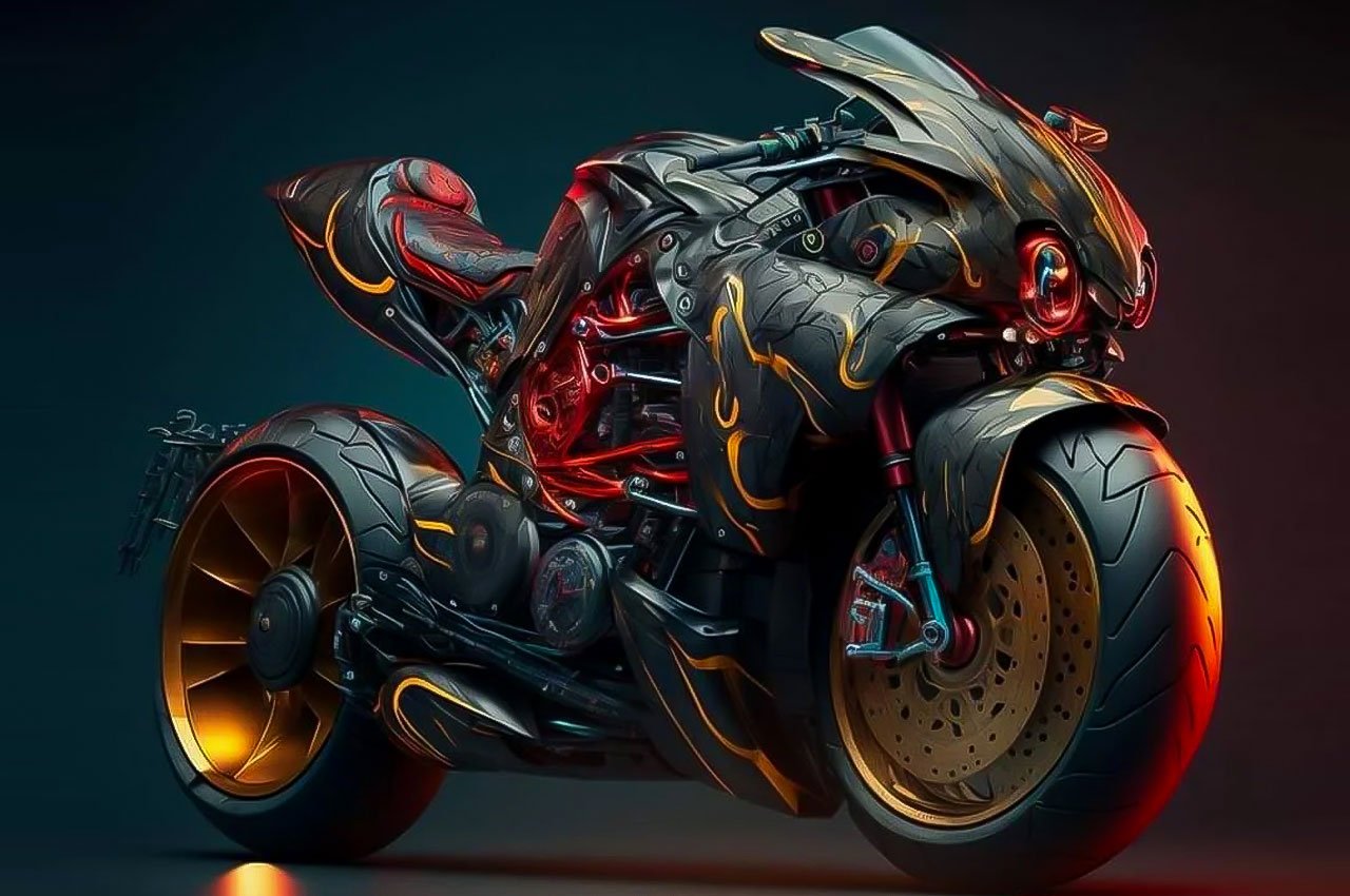 artificial intelligence，AI generation，conceptual design，science fiction，Marvel，motorcycle，
