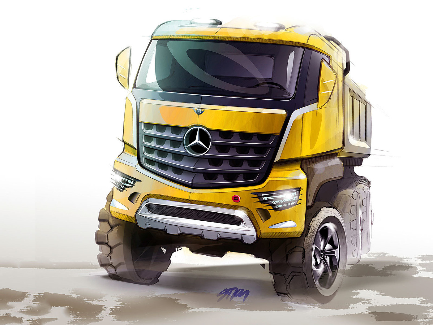 industrial design，product design，vehicle，construction machinery，truck，Benz，Hand drawn，