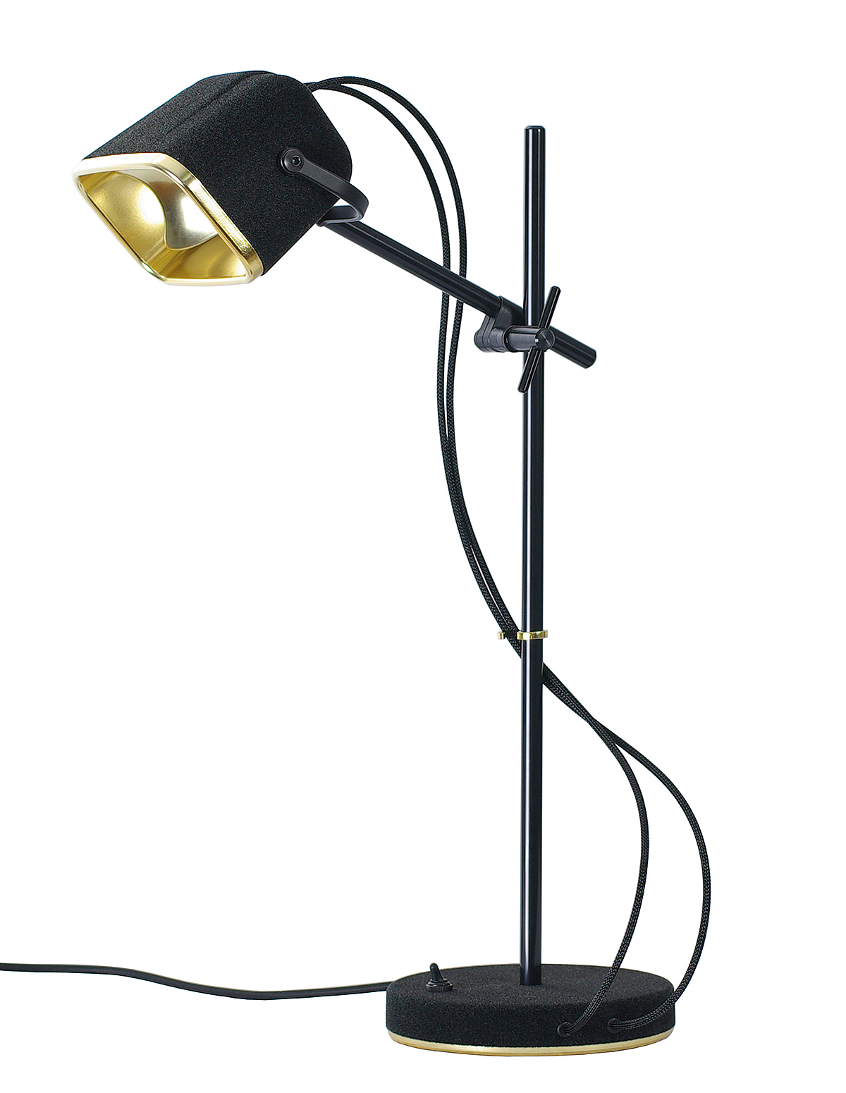 Black anodized alumina，20 watts，Low pressure halogen bulb，Golden spherical metal reflector，Desk lamp，velvet，