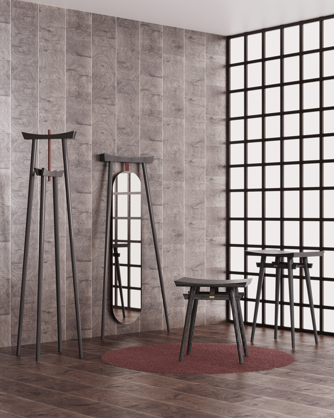 Low stool，High stool，coat hanger，Standing mirror，Appearance design，delicate，
