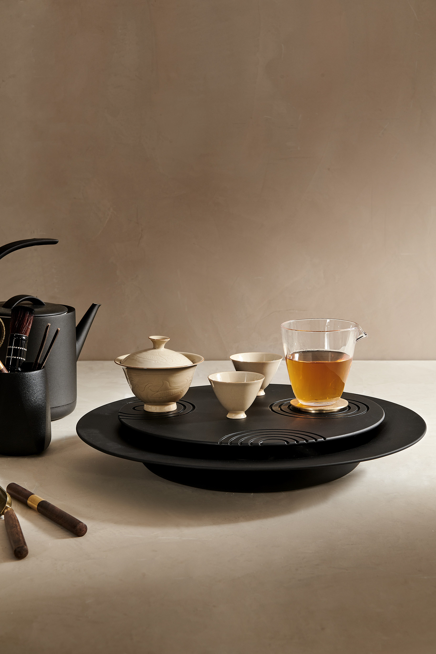 Dry landscape，tea tray，Buddhist mood，titanium alloy，teahouse，Mingdu Design，A work of God，black，