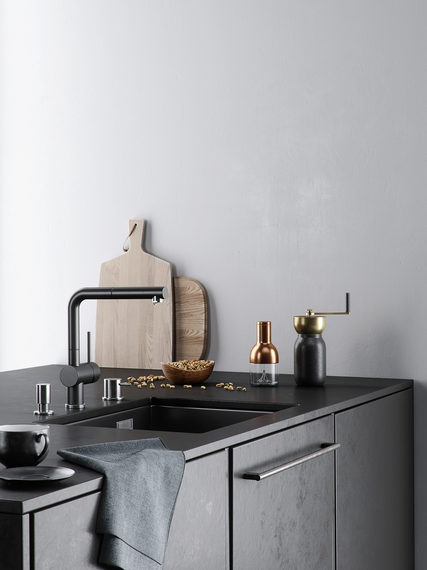 Dark kitchen，Black and white gray，Kitchen design，