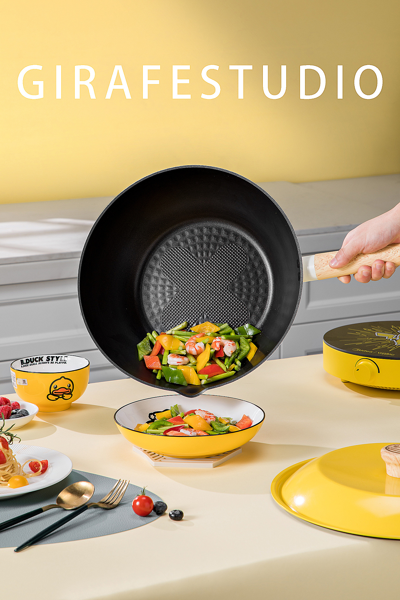 Cooking King，Set of tied pot，Small yellow duck series，cookware，Macaroon，