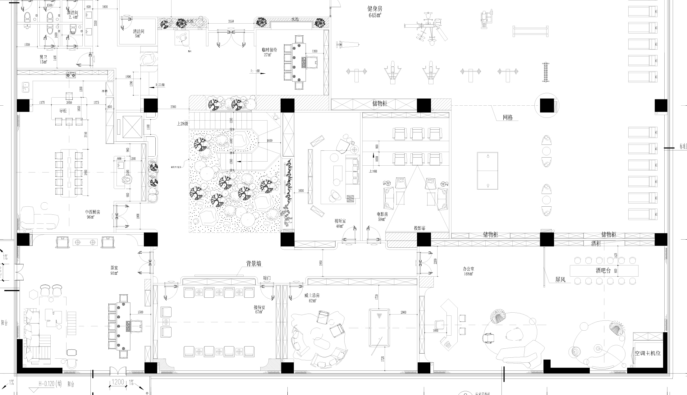 The overall use of materials: stone, metal, wood, green plants，