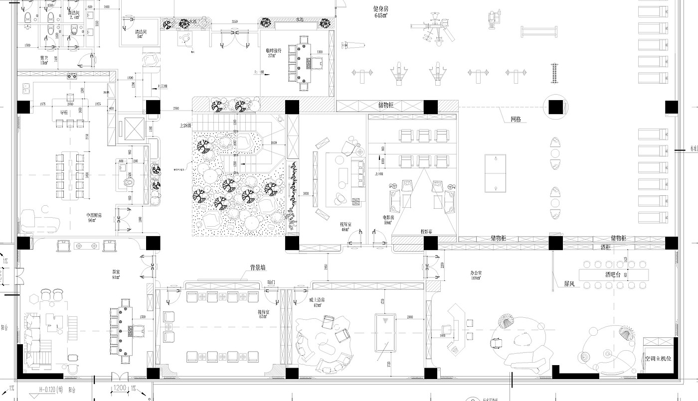 材料整体运用：麻石、金属、木纹、绿植，