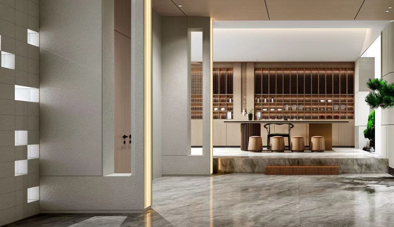 The overall use of materials: stone, metal, wood, green plants，