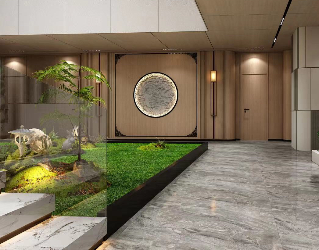 The overall use of materials: stone, metal, wood, green plants，